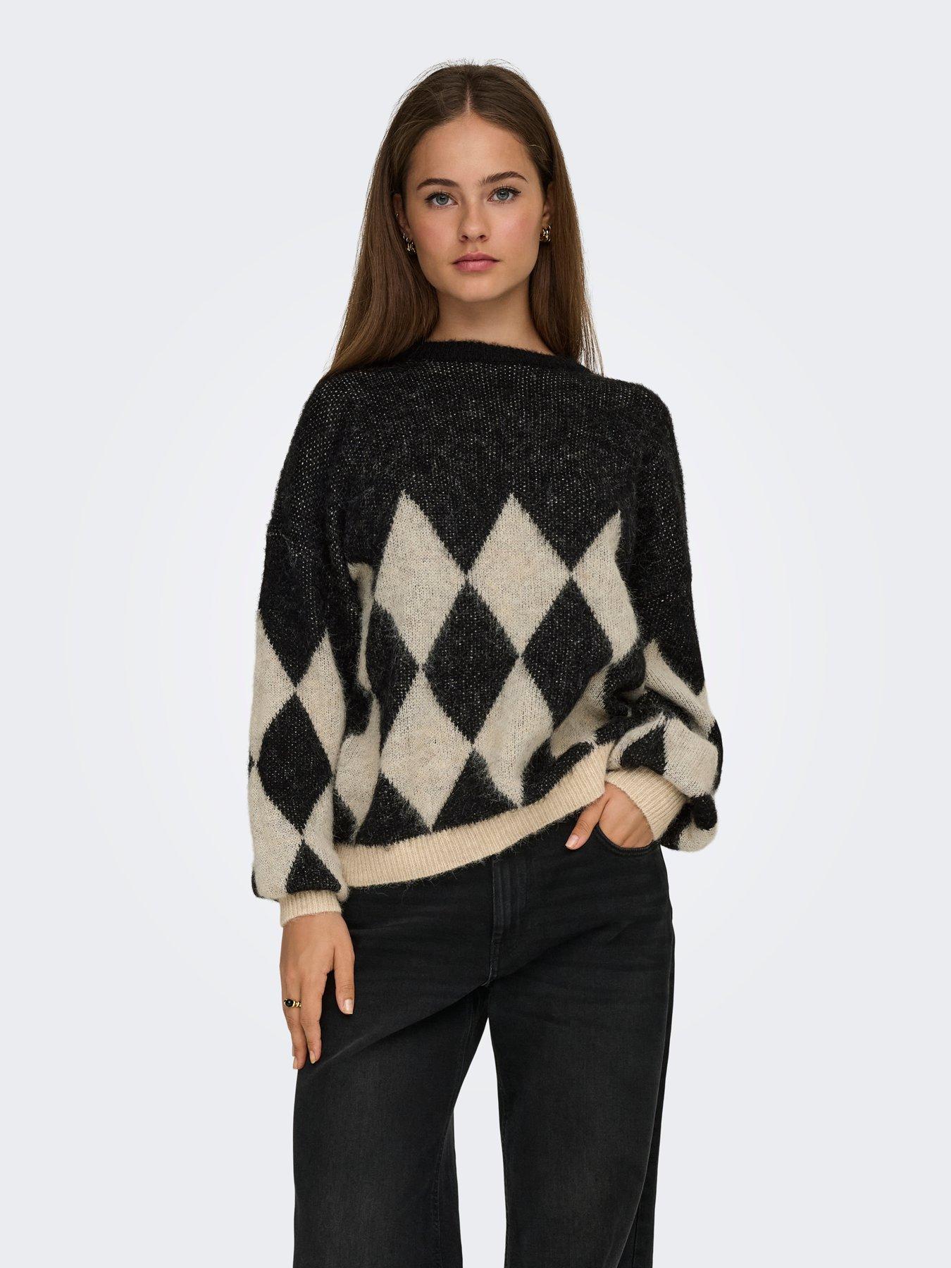  image of only-life-long-sleeve-argyle-knit-jumper-black