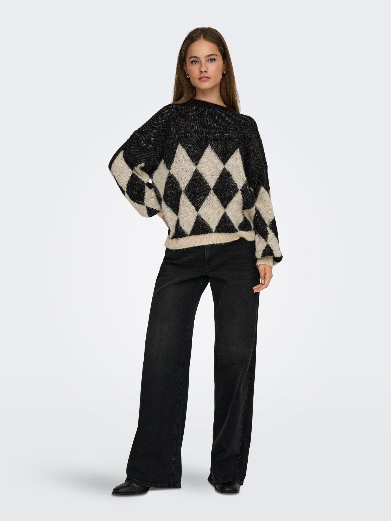  image of only-life-long-sleeve-argyle-knit-jumper-black