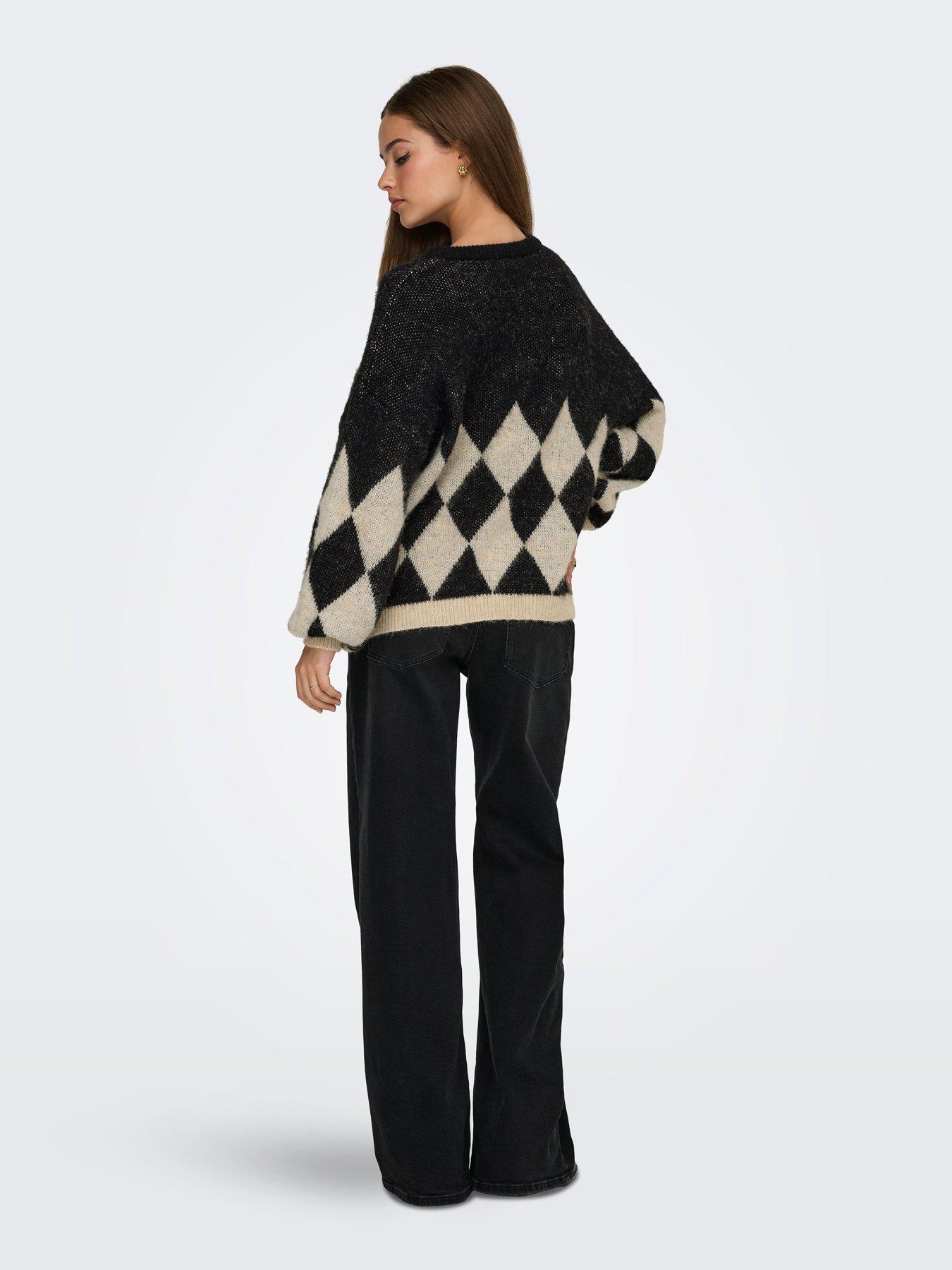 image of only-life-long-sleeve-argyle-knit-jumper-black