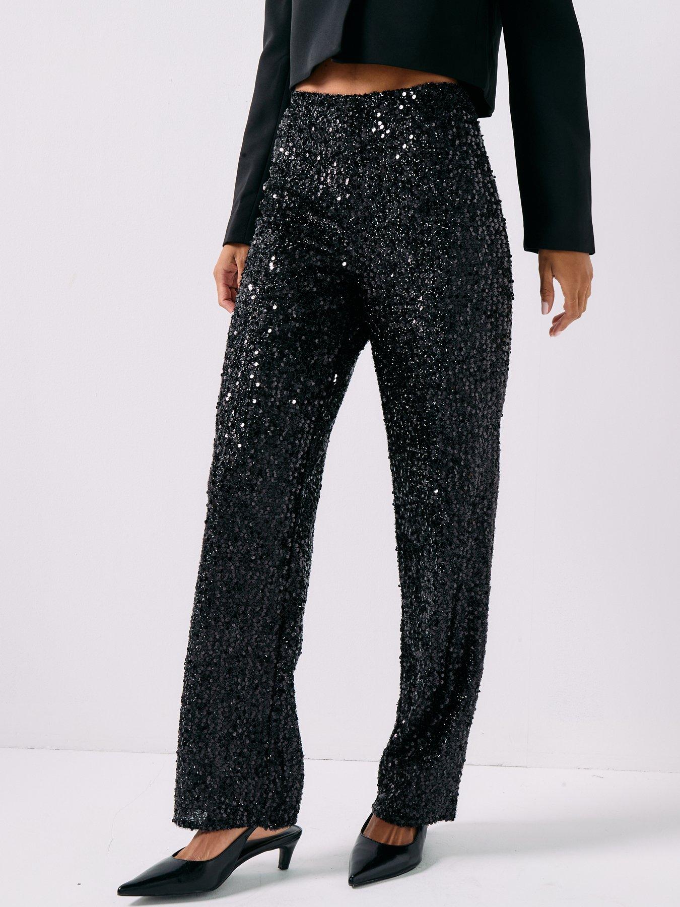 JDY Sequinned Straight Leg Jersey Trousers - Black