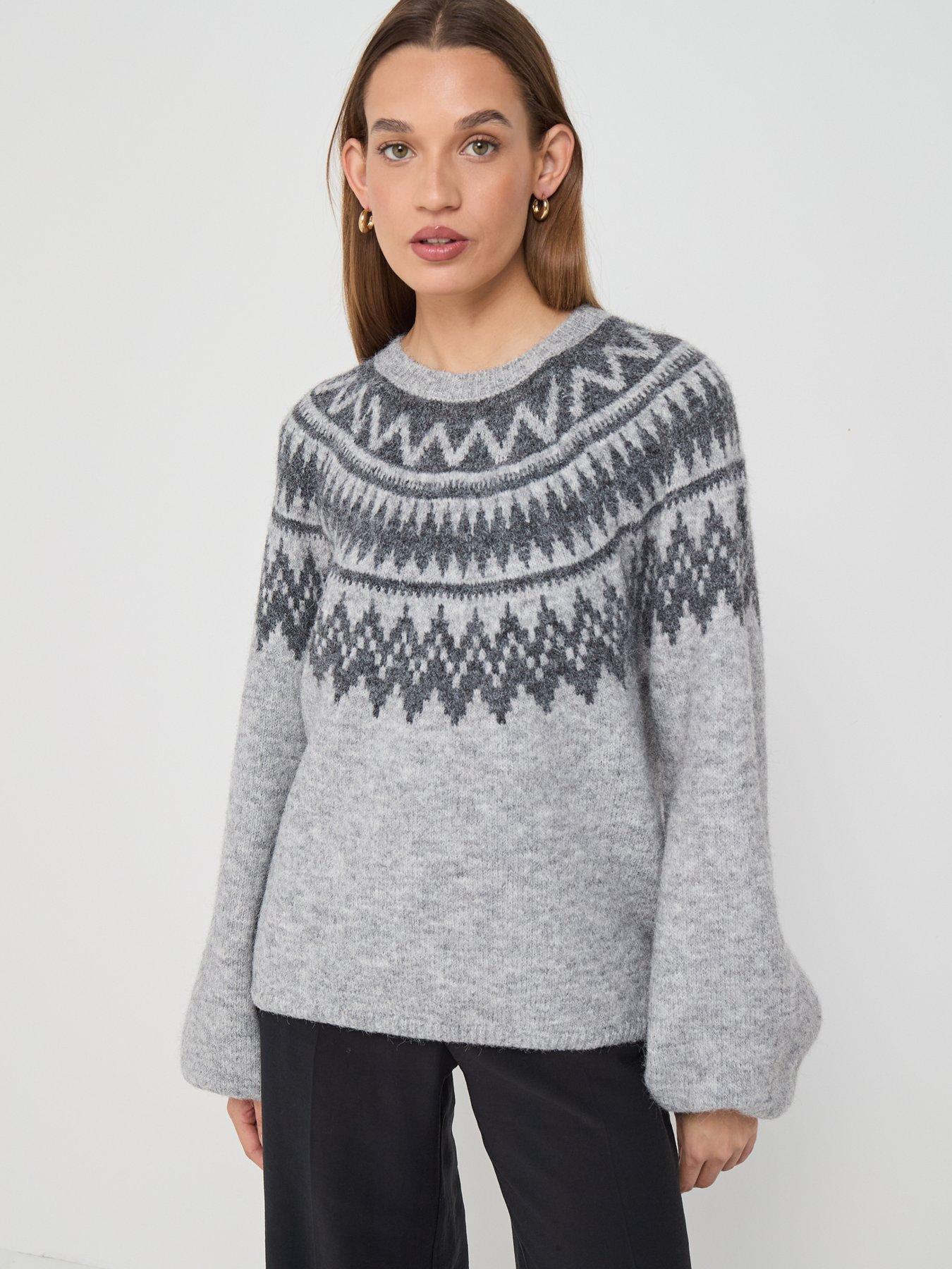  image of only-reykja-long-sleeve-fairisle-knit-jumper-grey