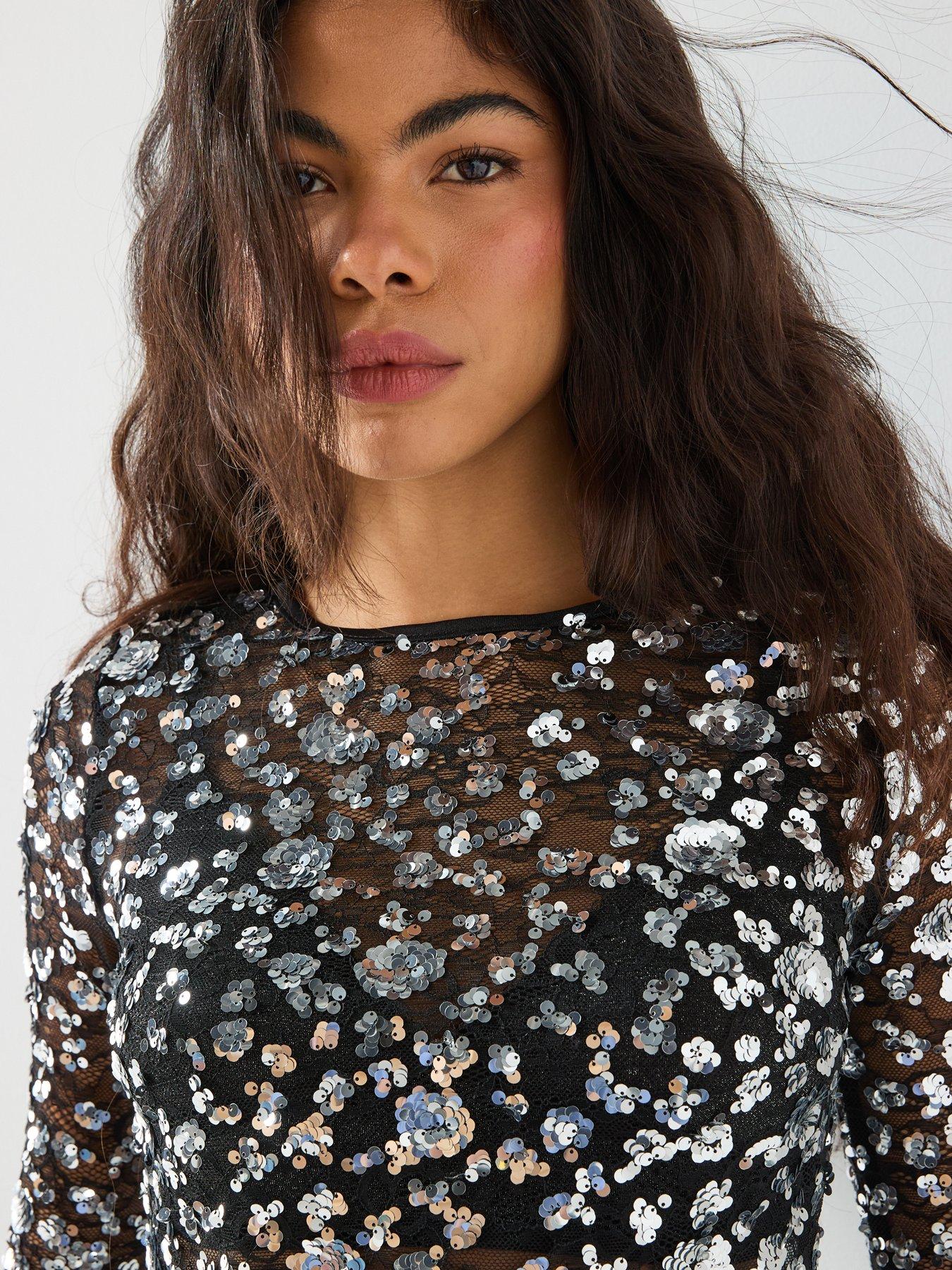  image of only-long-sleeve-lace-sequin-top-silver