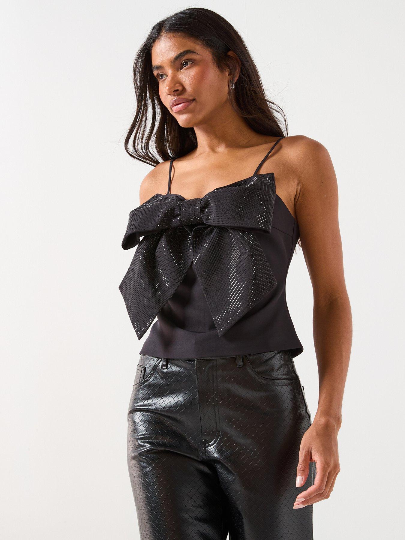  image of only-long-line-rhinestone-bow-strap-top-black
