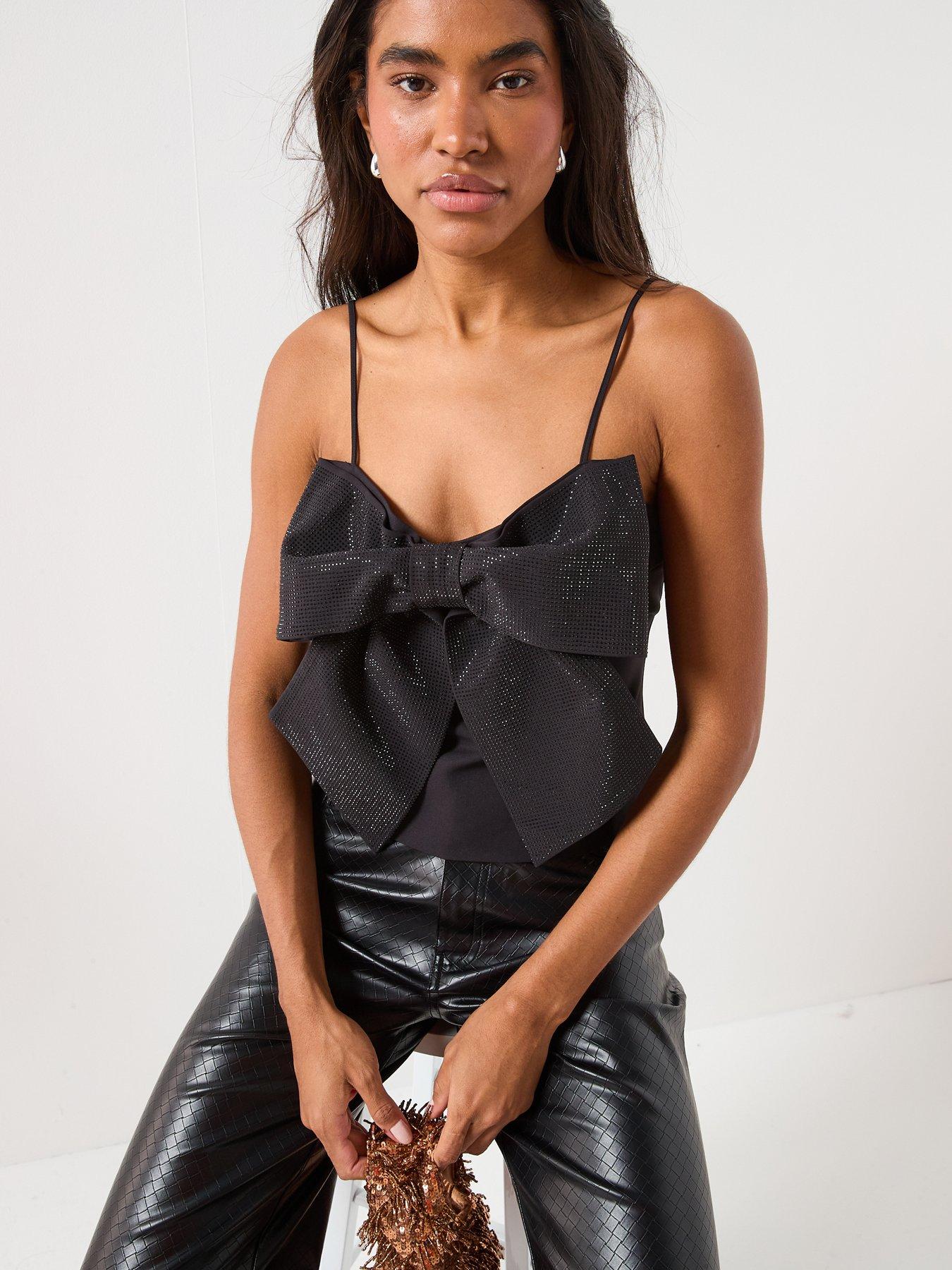  image of only-long-line-rhinestone-bow-strap-top-black