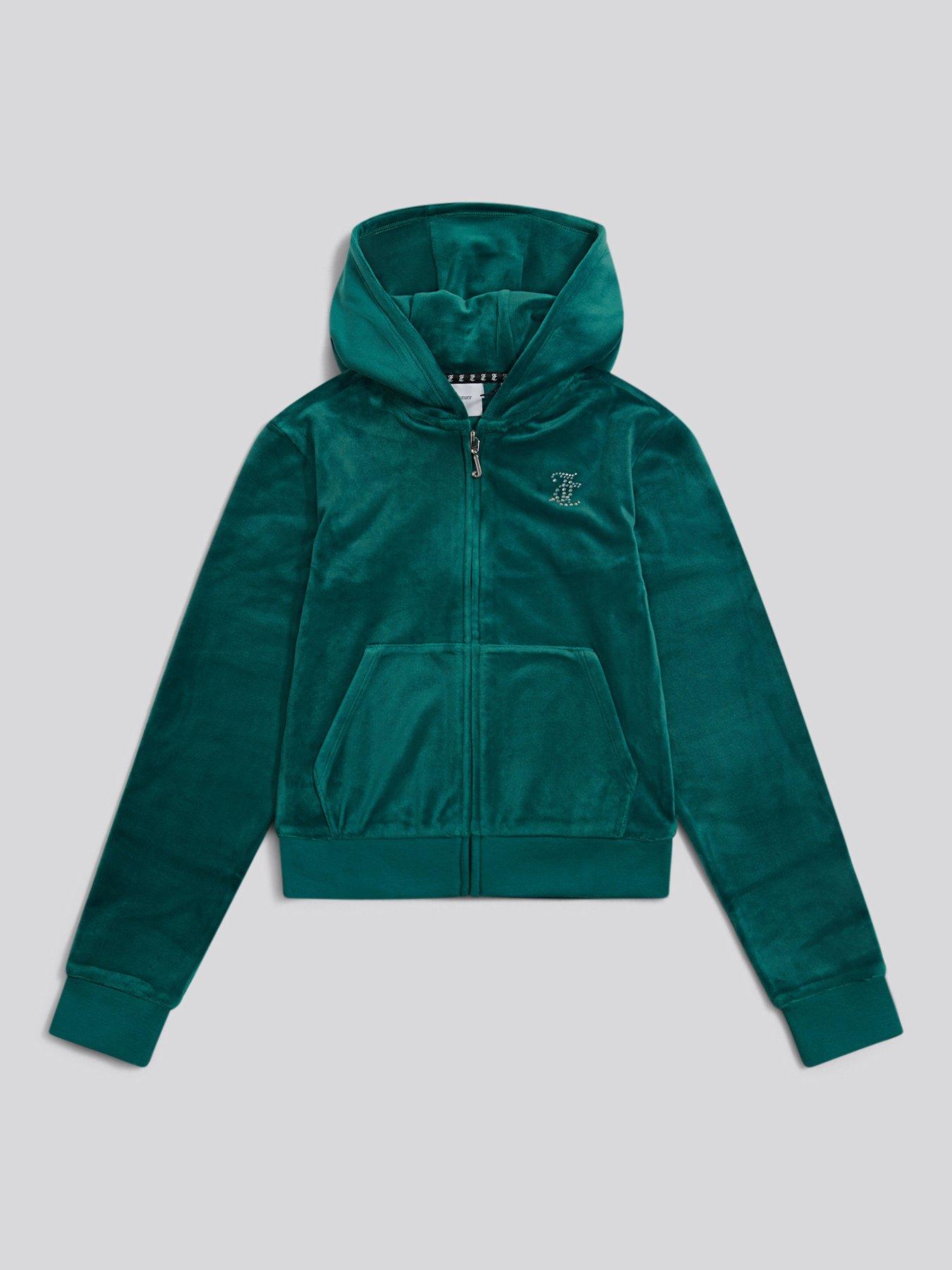 Image 1 of 4 of Juicy Couture Girls Diamante Velour Zip Through Hoodie - Green