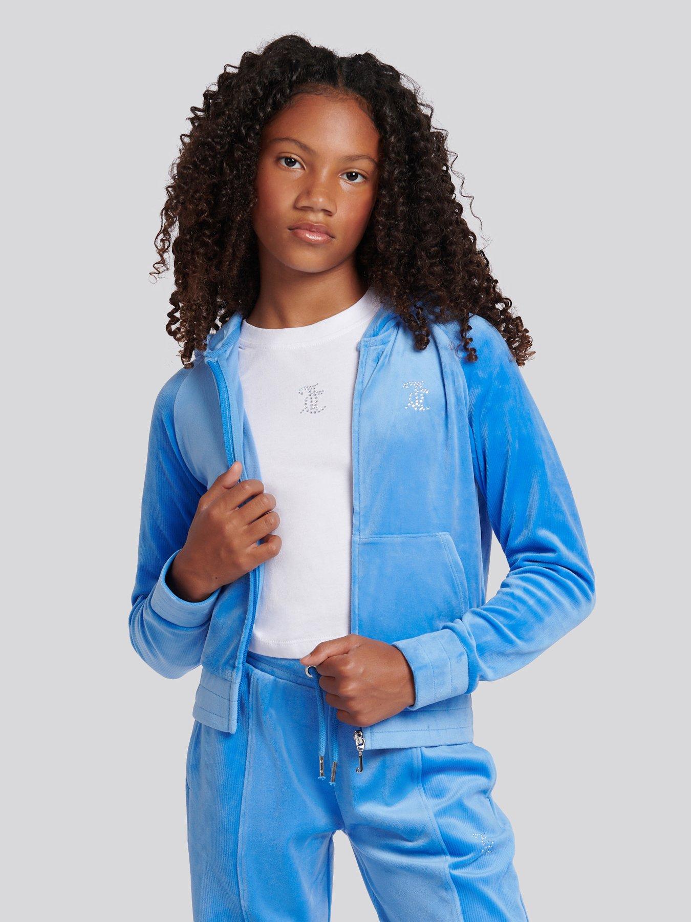 front image of juicy-couture-girls-cord-panelled-zip-through-hoodie-blue