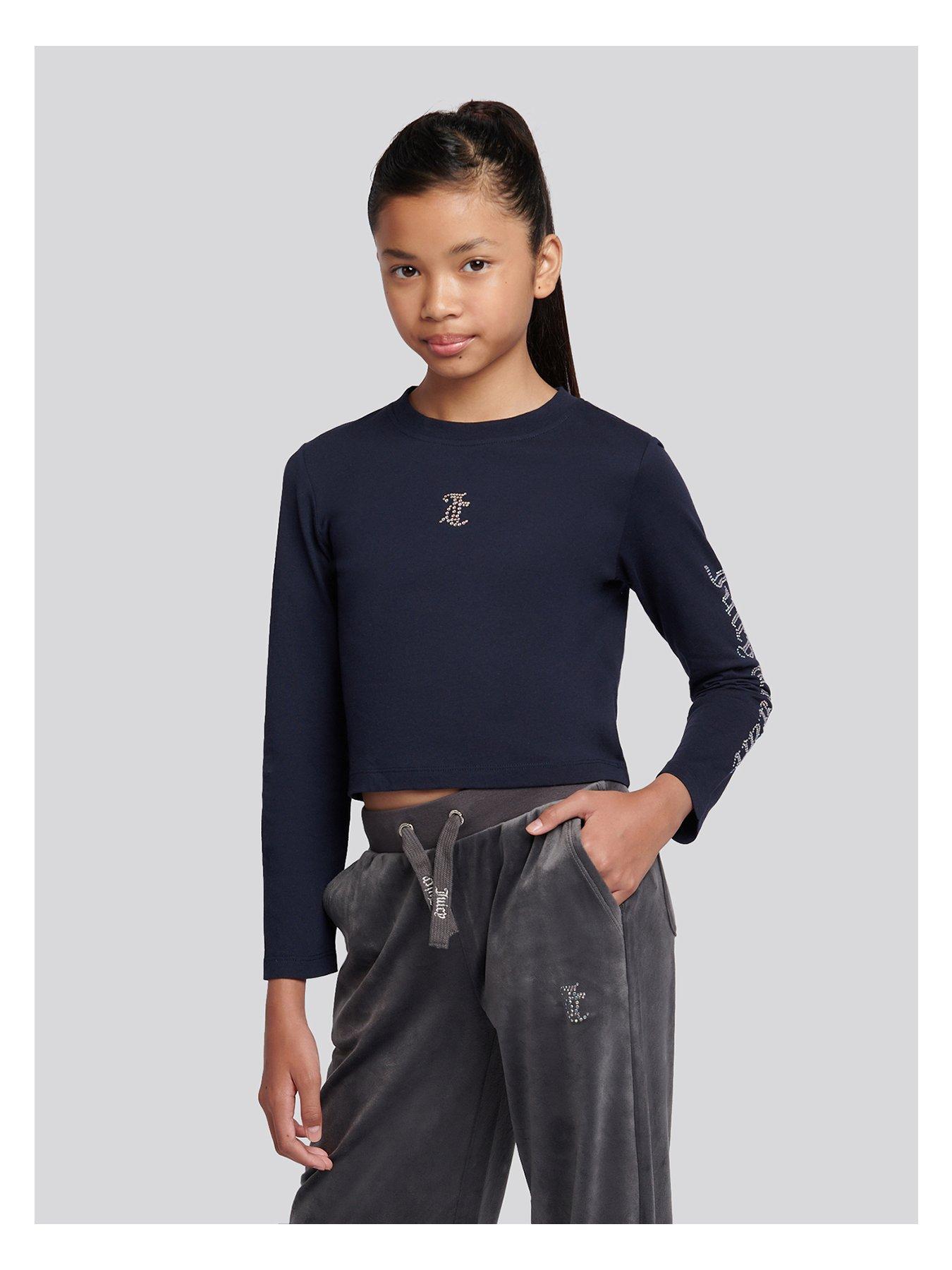 Image 2 of 5 of Juicy Couture Girls Diamante Arm Long Sleeve T-Shirt - Navy