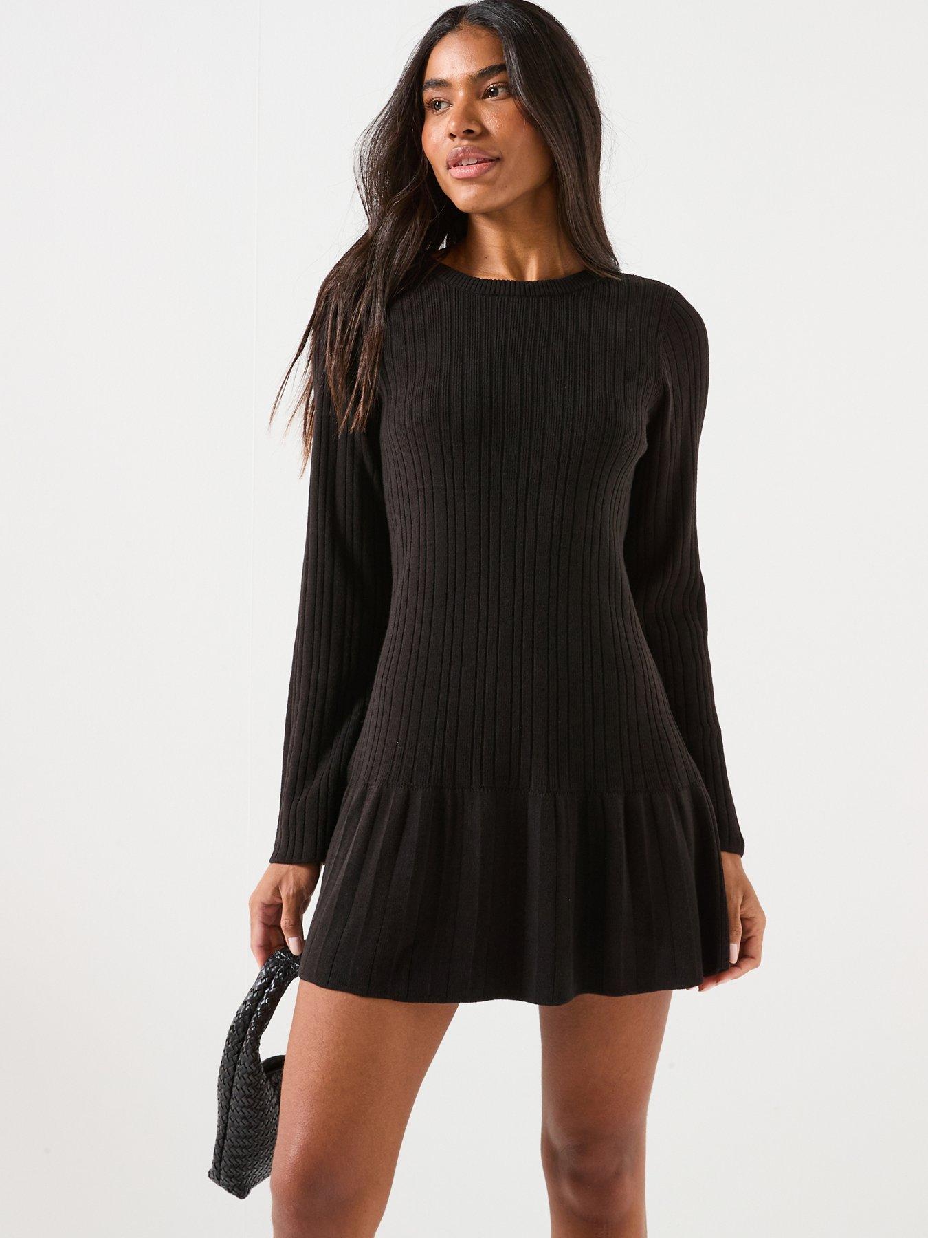 only-tessie-long-sleeve-ribbed-knitted-flared-dress-black