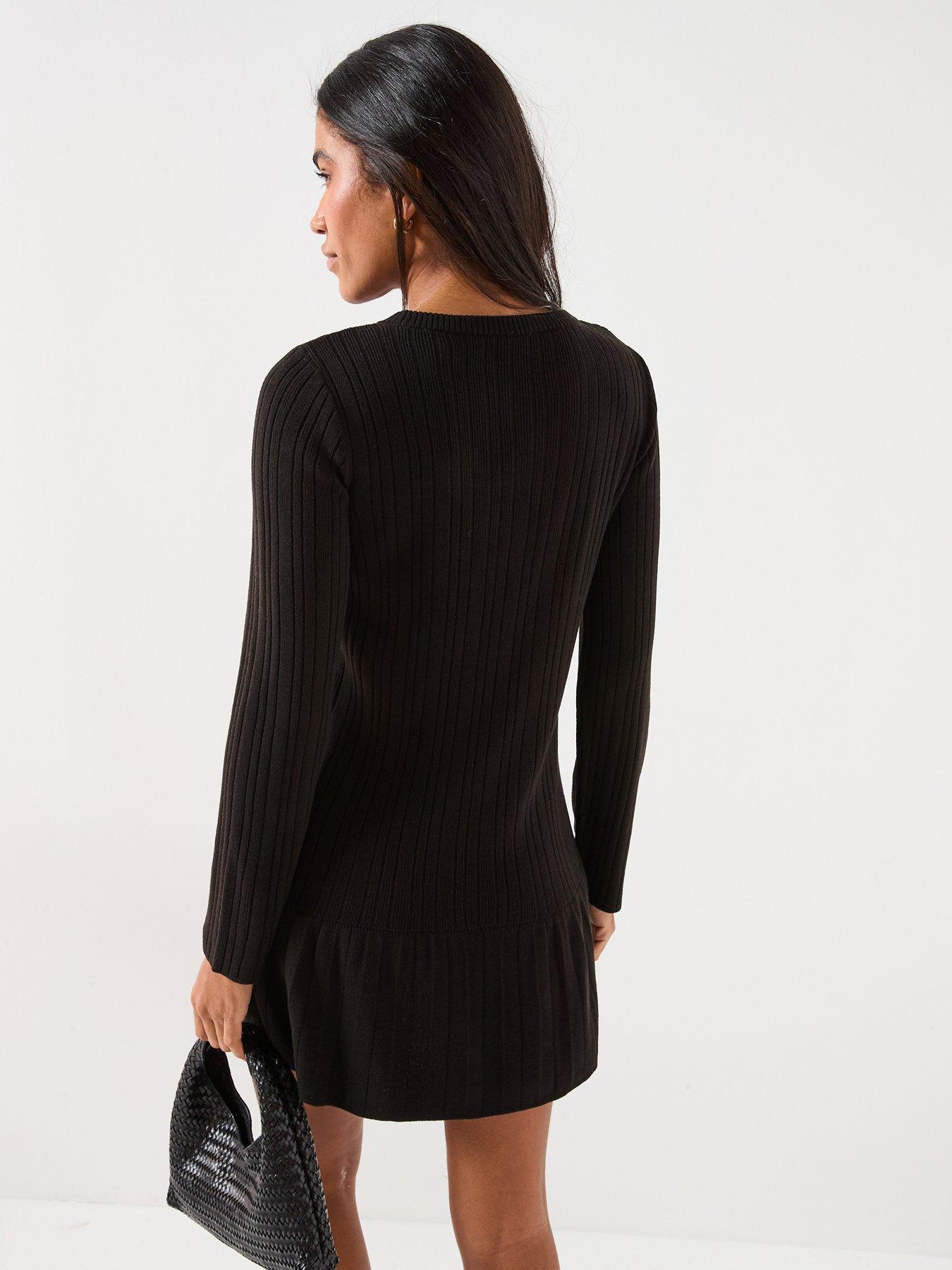  image of only-tessie-long-sleeve-ribbed-knitted-flared-dress-black