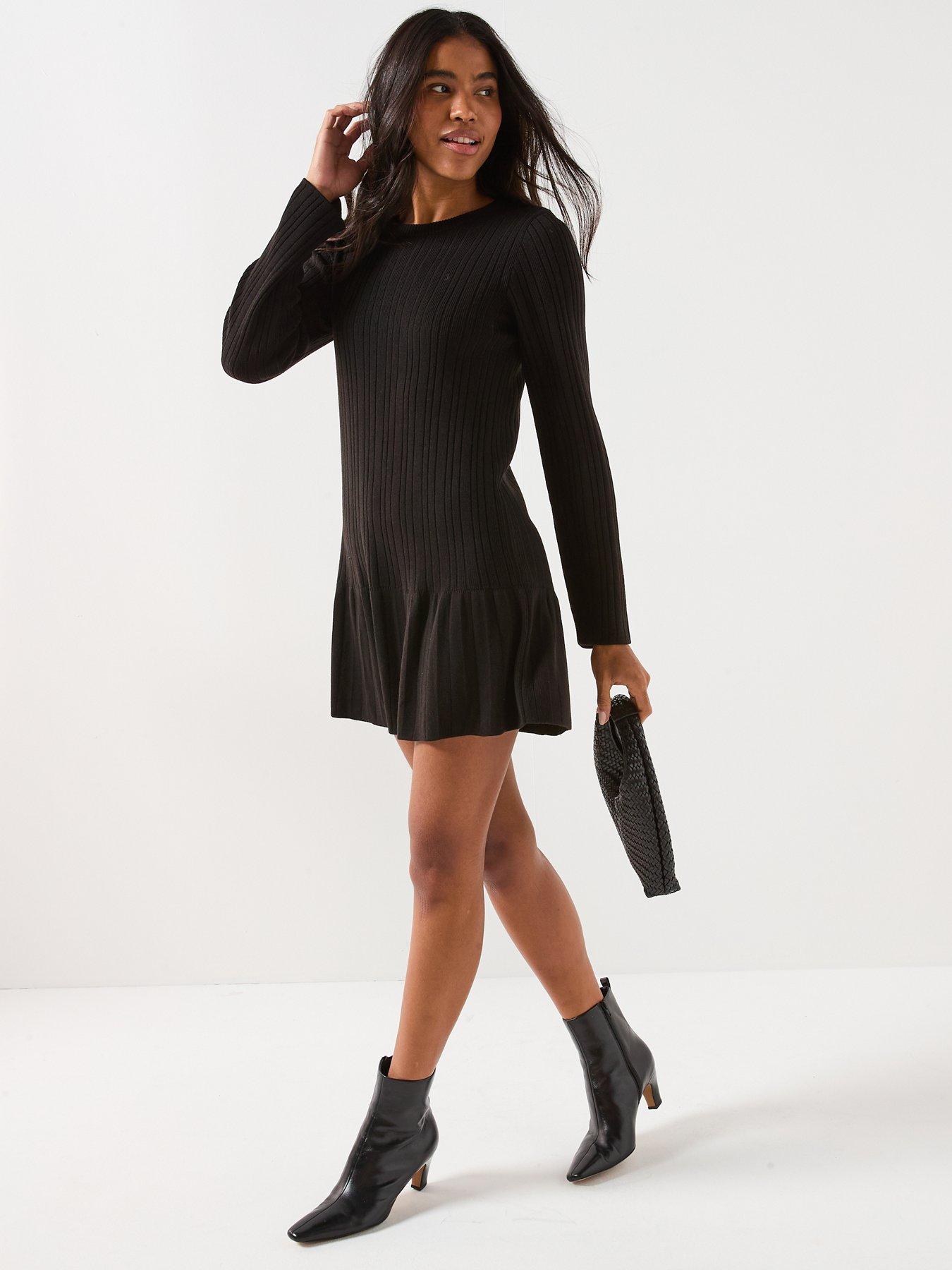  image of only-tessie-long-sleeve-ribbed-knitted-flared-dress-black