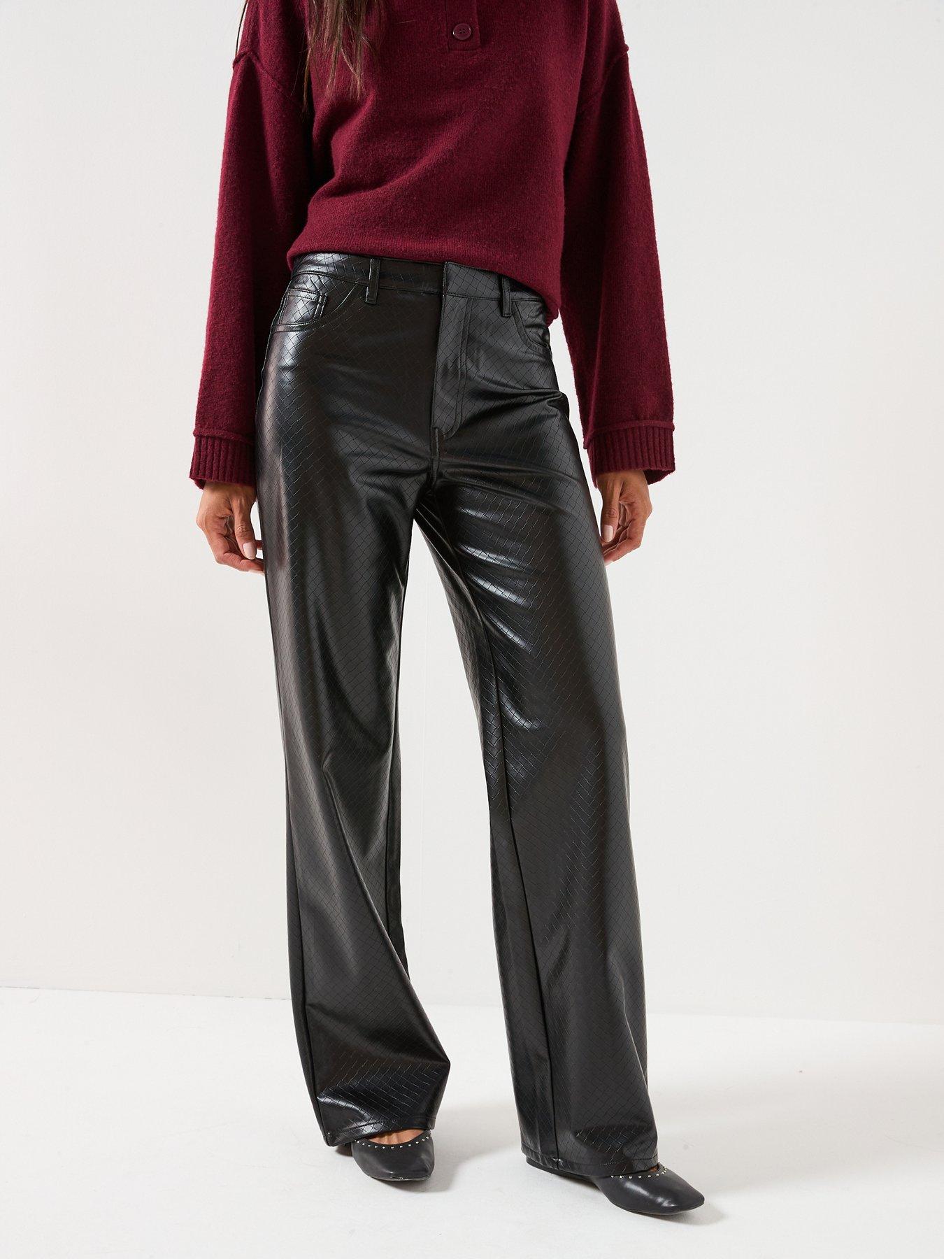 Image 1 of 6 of Only Onljuicy&nbsp;Dakota Hw Faux Leather Wide Leg Trouser - Black