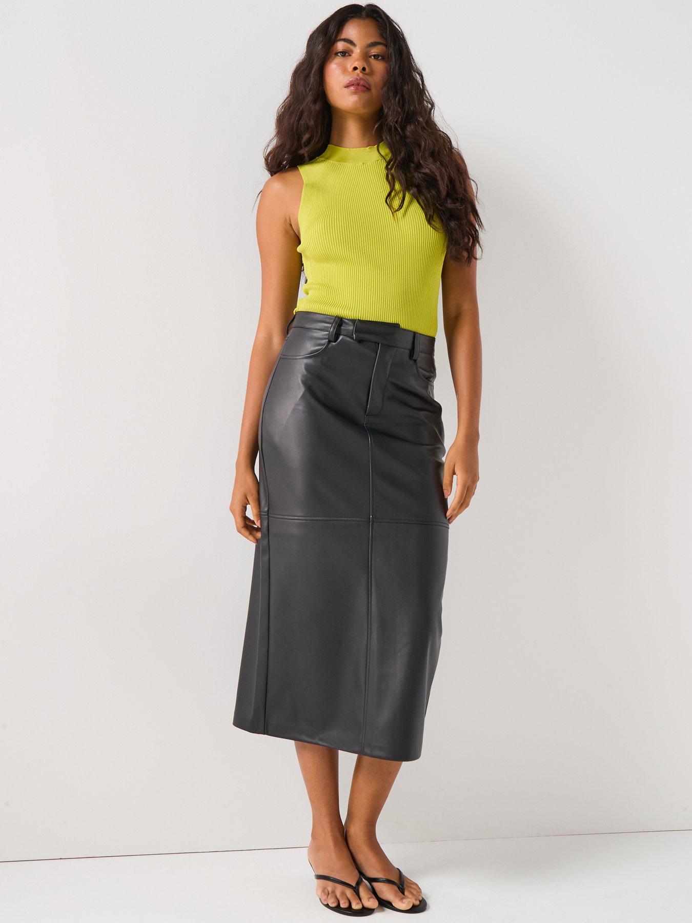 Image 3 of 4 of Only Verona Faux Leather Midi Skirt - Black