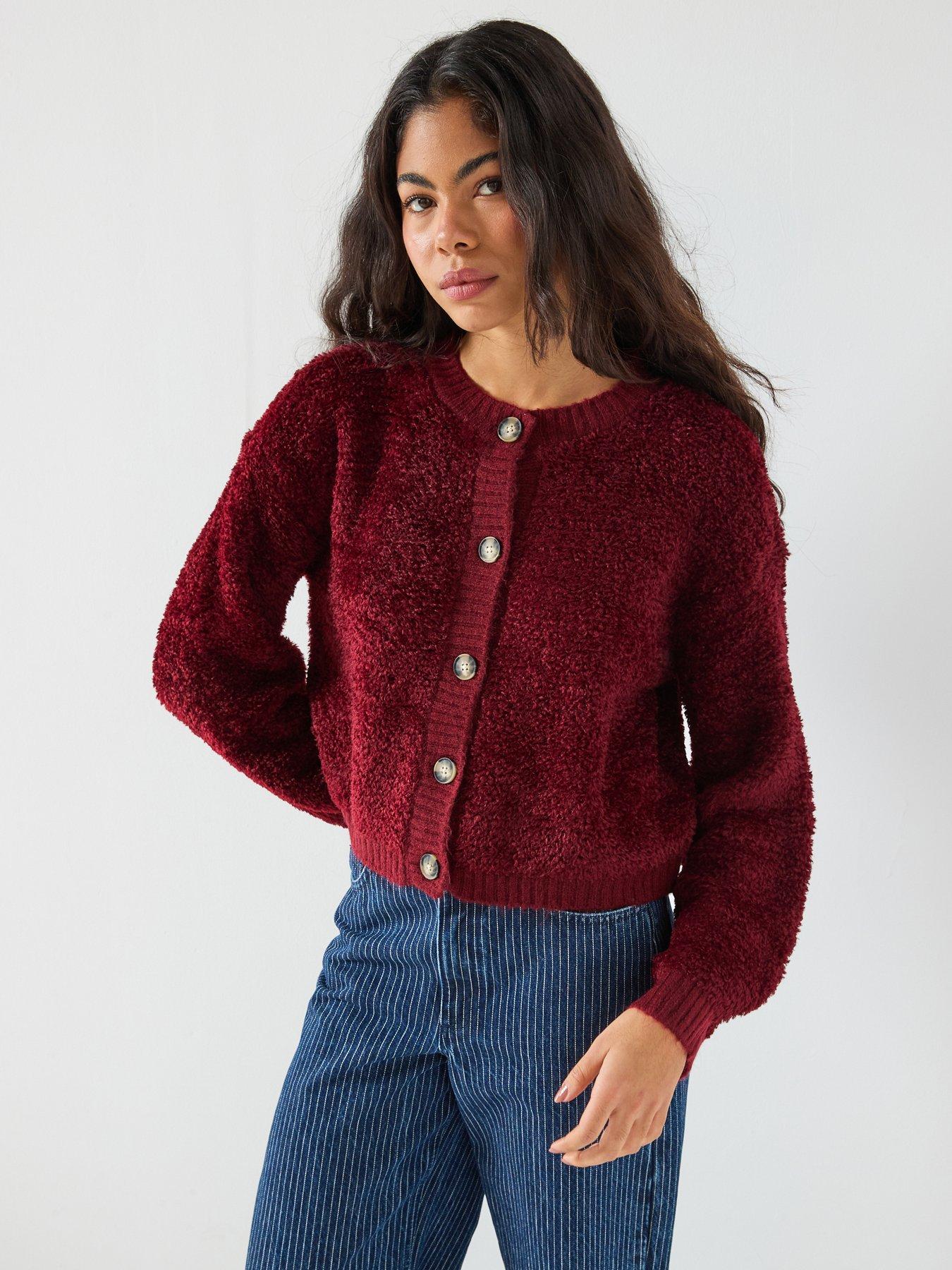 front image of jdy-long-sleeve-boucle-cardigan-red