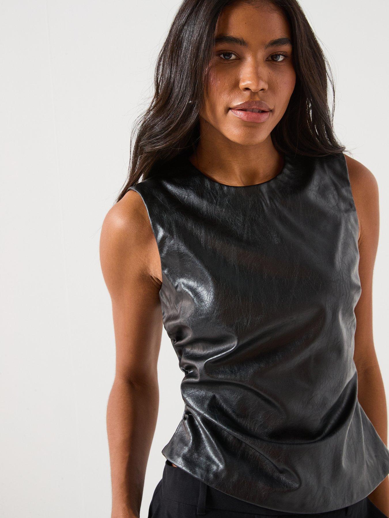  image of only-faux-leather-sleeveless-cinched-top-black