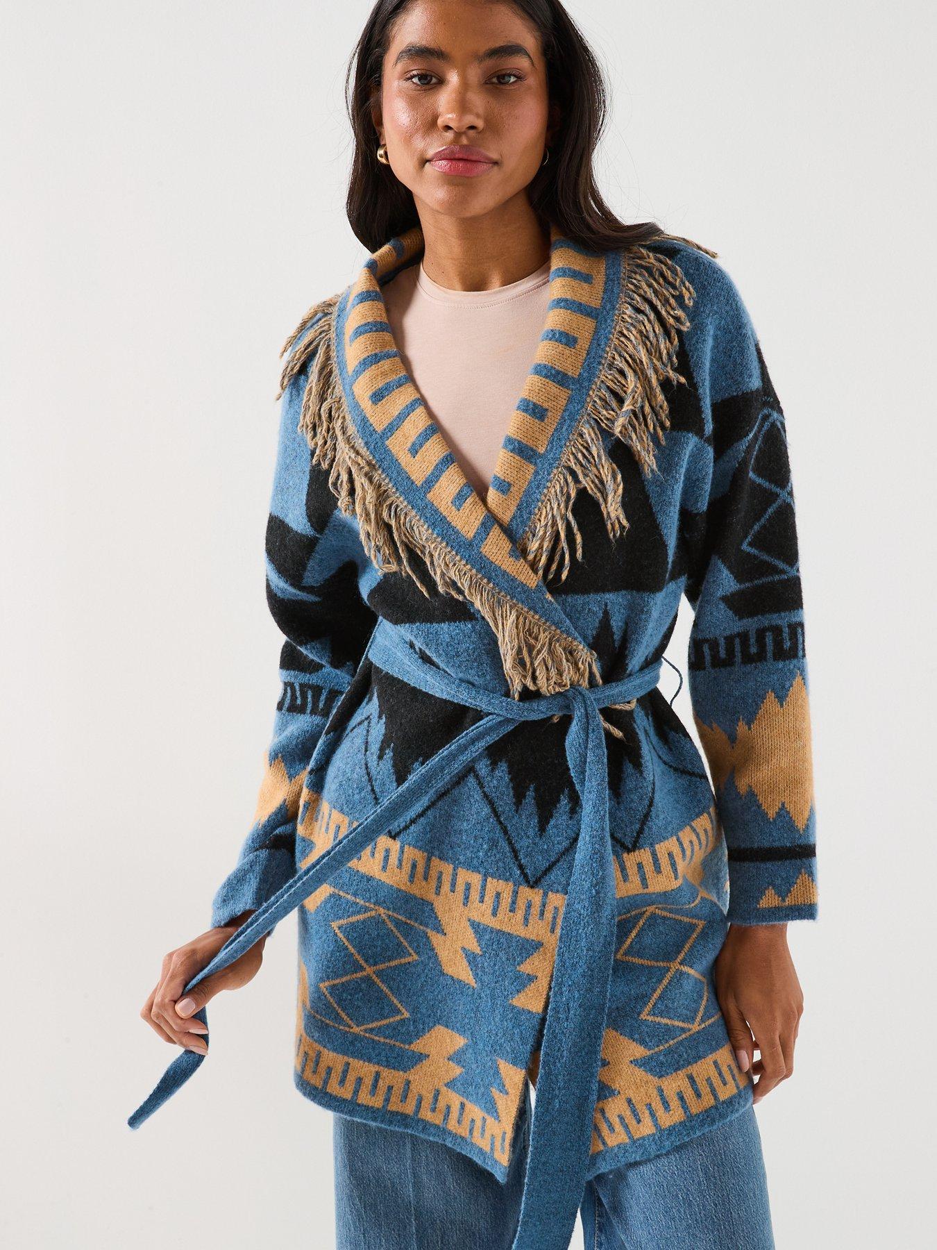 front image of only-michigan-fringed-tie-wrap-long-cardigan-blue