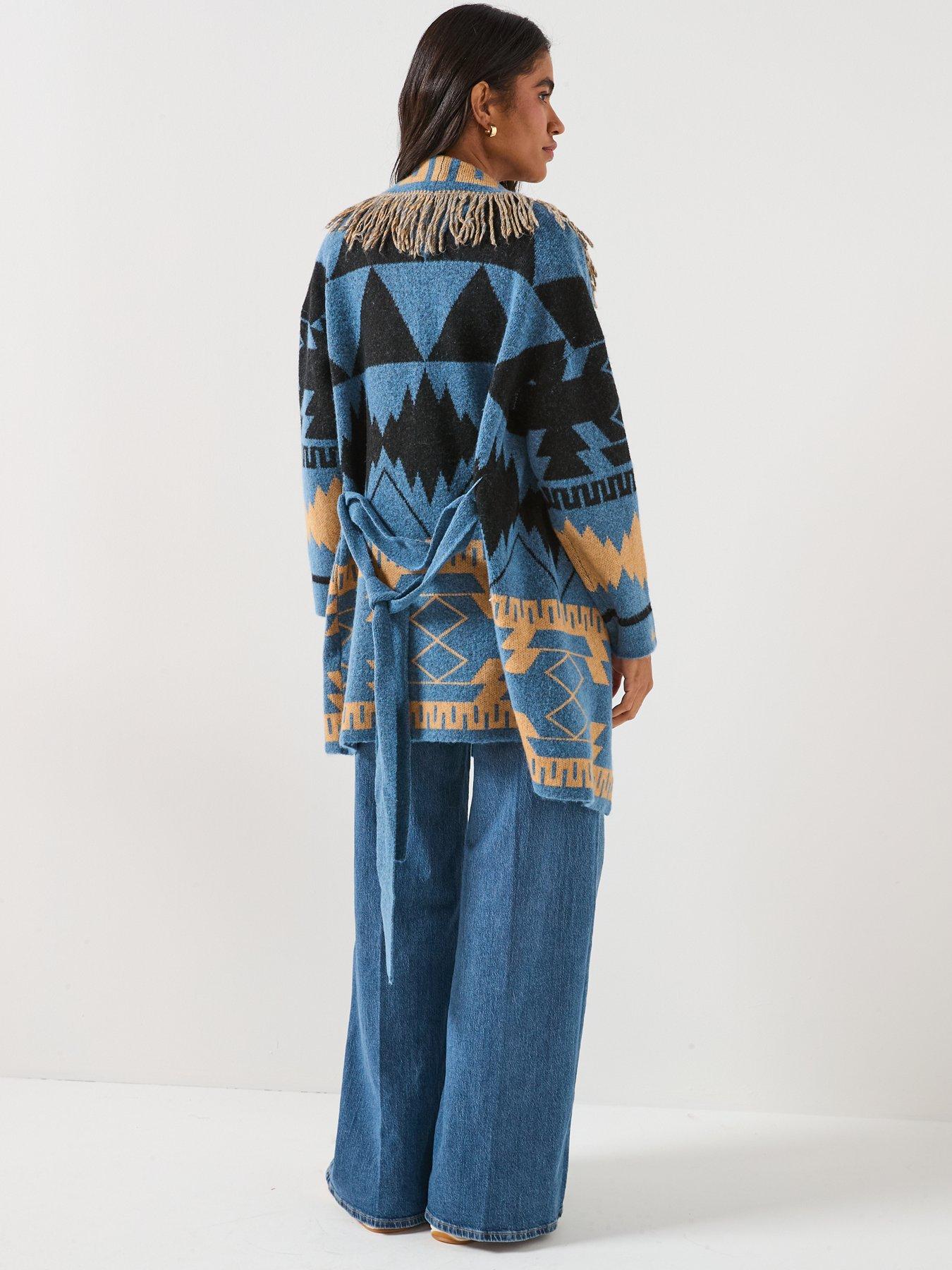  image of only-michigan-fringed-tie-wrap-long-cardigan-blue