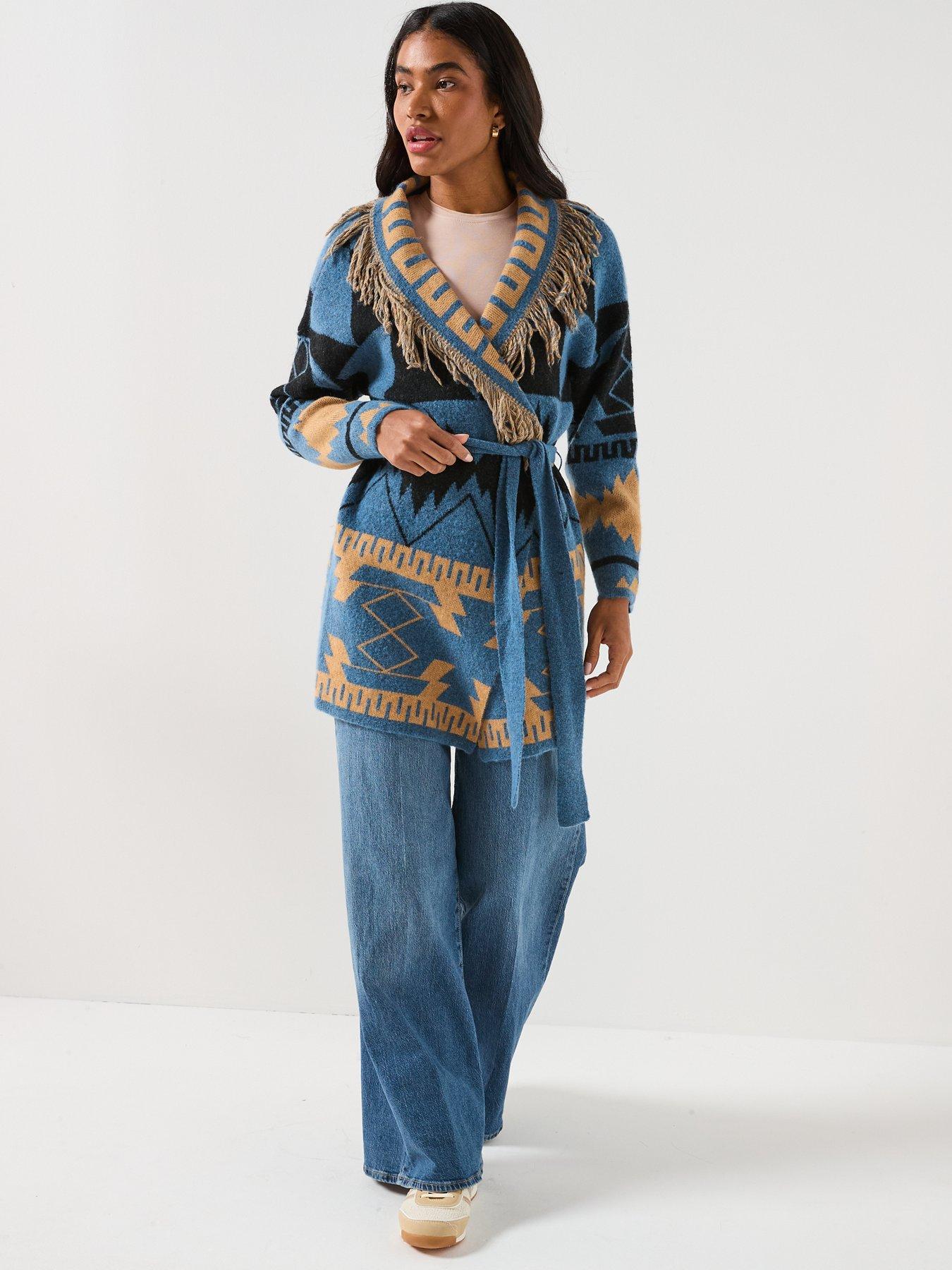  image of only-michigan-fringed-tie-wrap-long-cardigan-blue