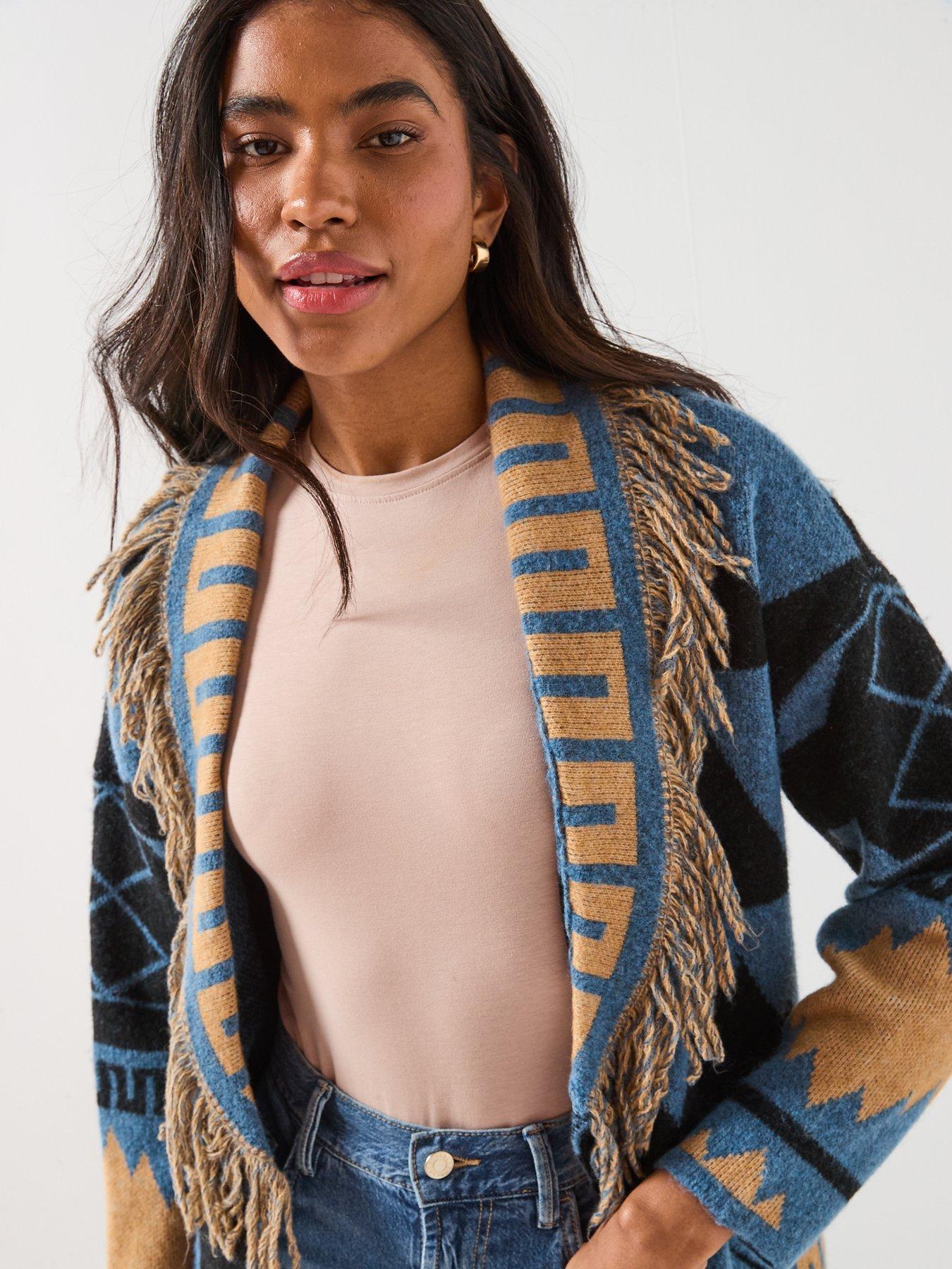  image of only-michigan-fringed-tie-wrap-long-cardigan-blue