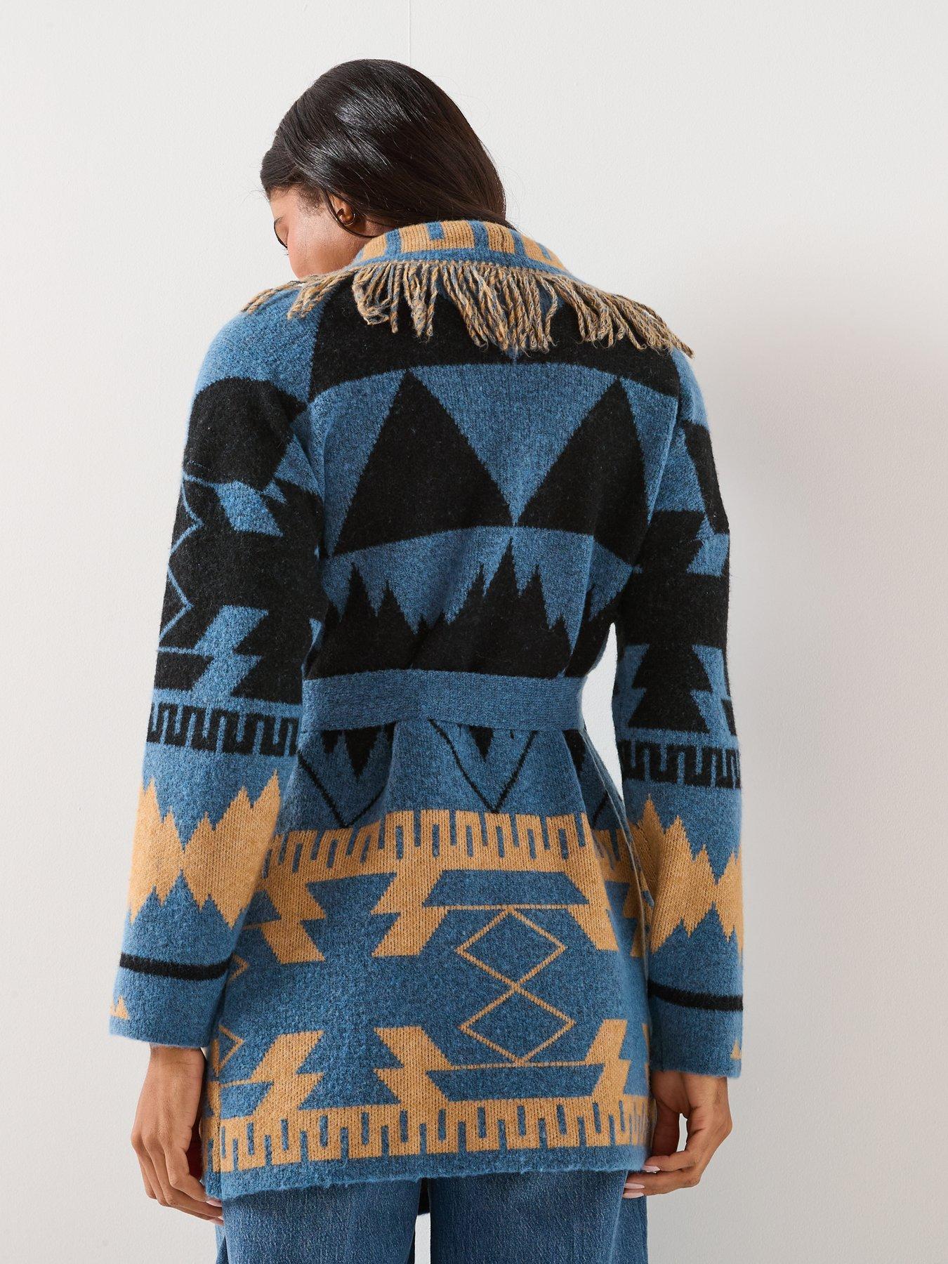  image of only-michigan-fringed-tie-wrap-long-cardigan-blue