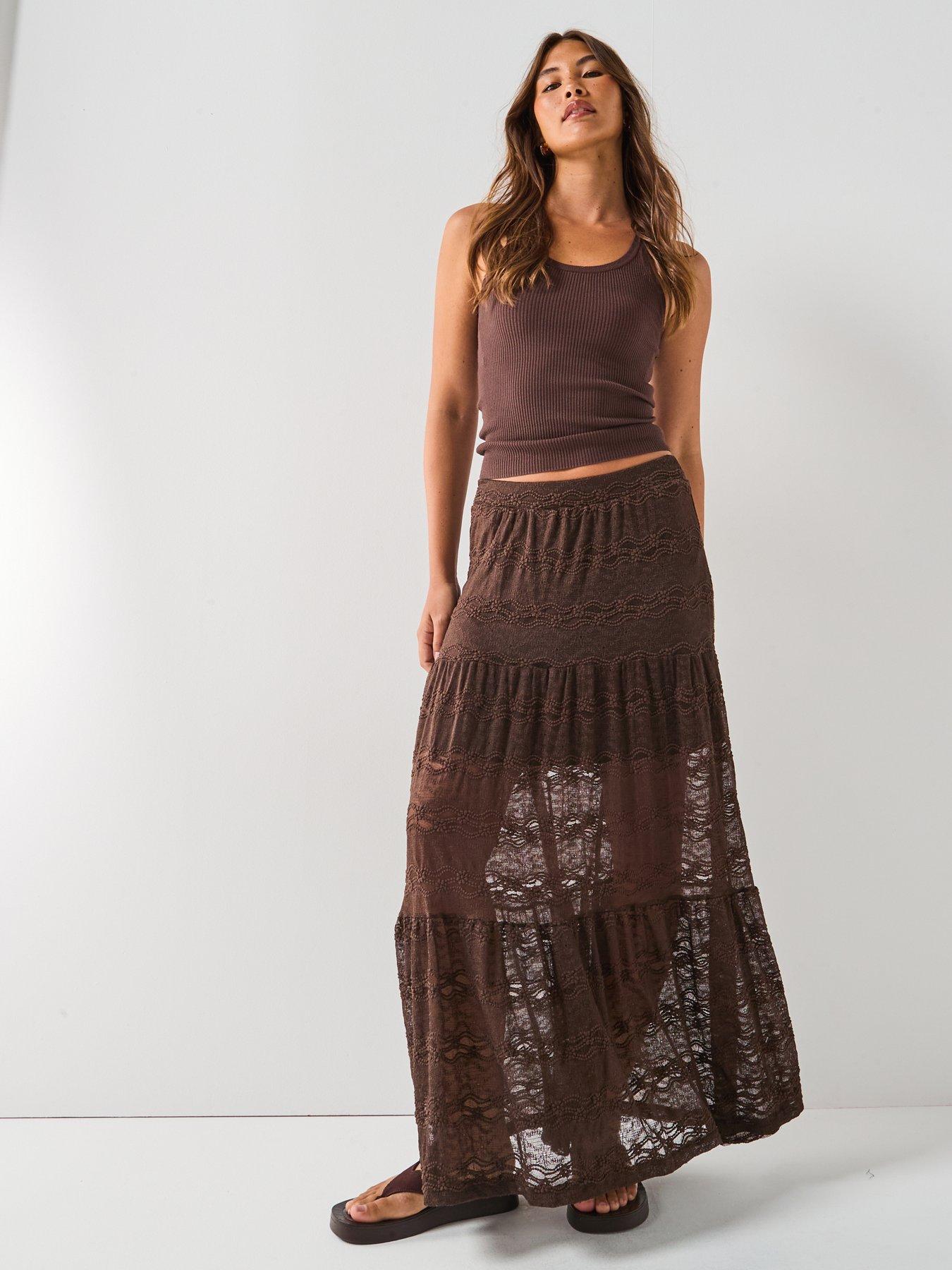 Image 3 of 6 of Only Luna Long Midi Jersey Skirt - Brown