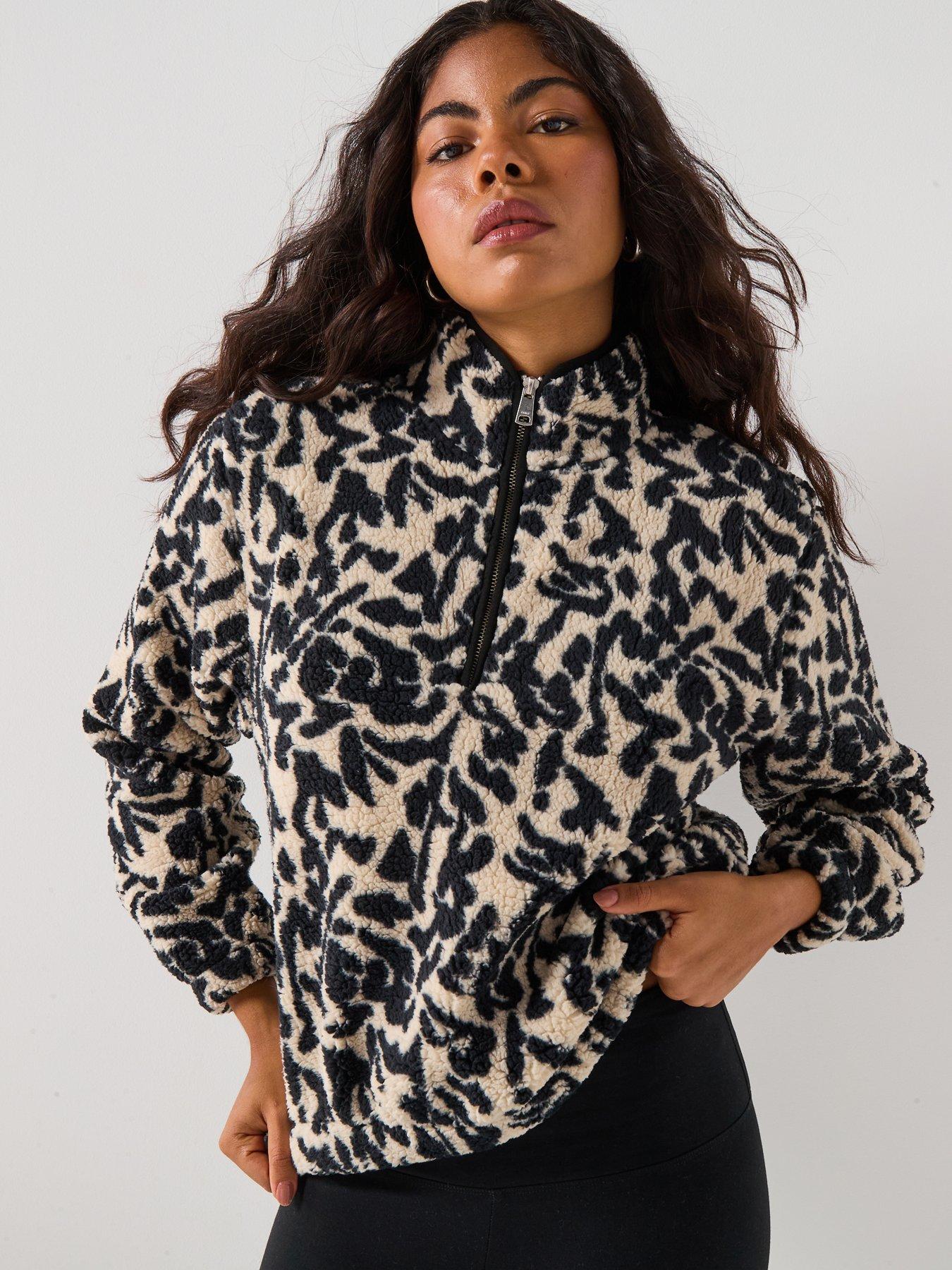 undefined Animal Print Quarter Zip Fleece Top - Beige