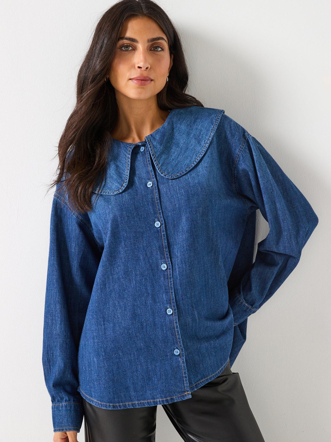 front image of only-nala-long-sleeve-collar-denim-shirt-blue