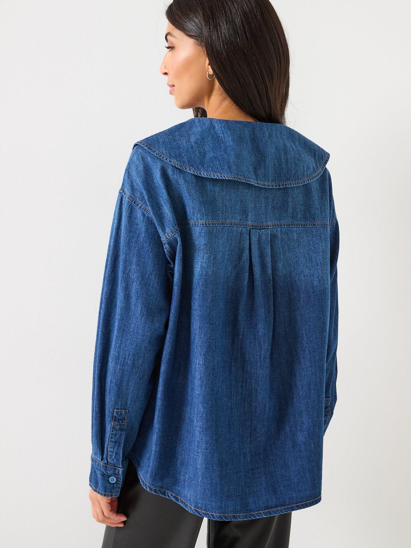 stillFront image of only-nala-long-sleeve-collar-denim-shirt-blue