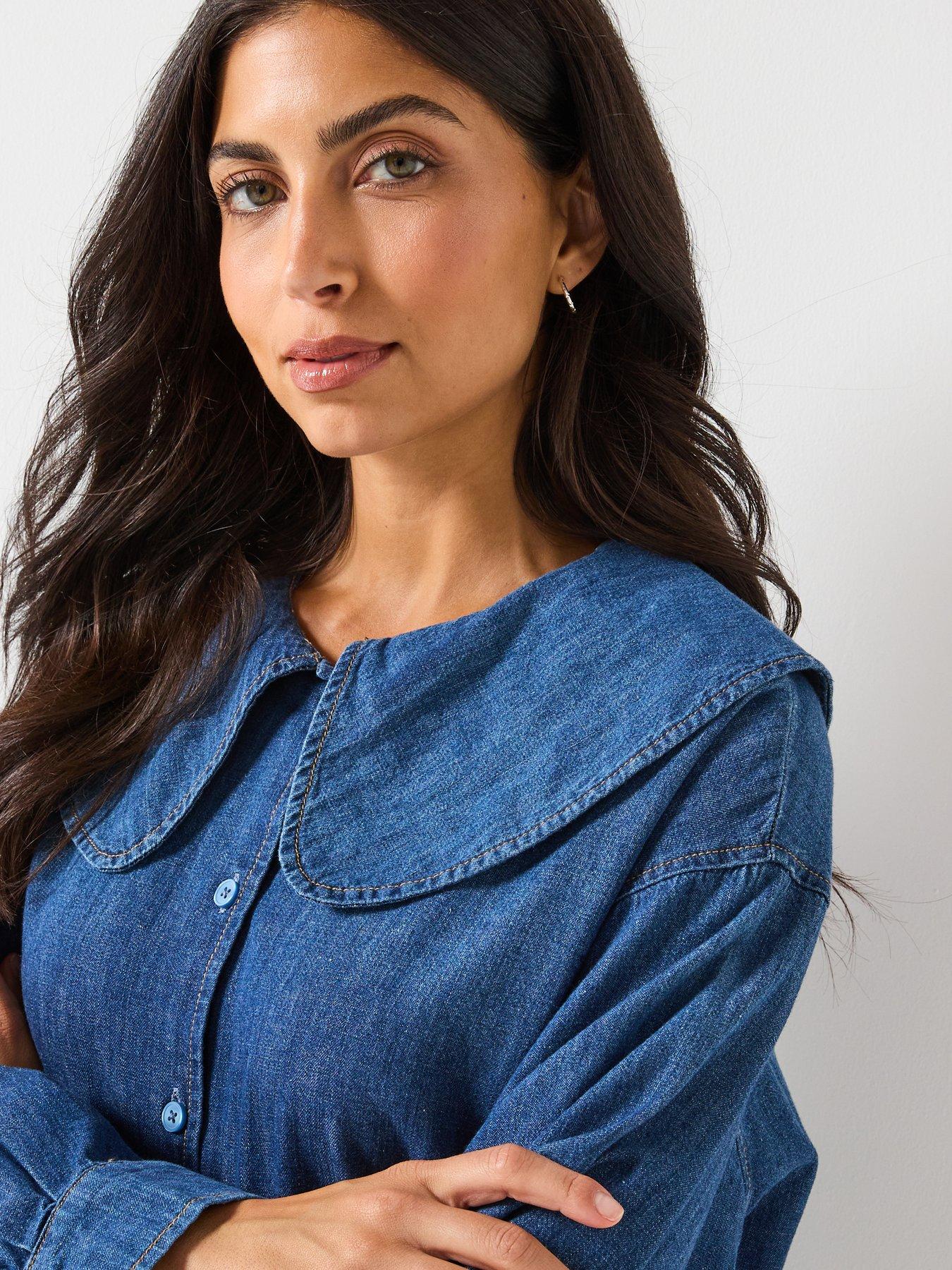  image of only-nala-long-sleeve-collar-denim-shirt-blue
