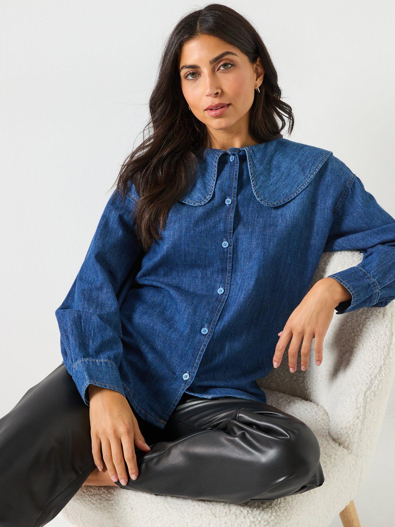  image of only-nala-long-sleeve-collar-denim-shirt-blue