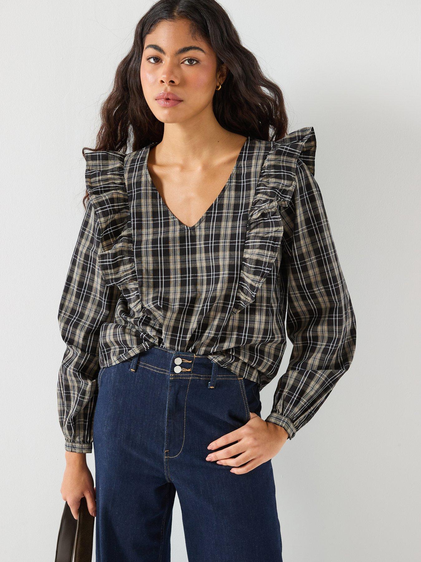 front image of jdy-dolly-long-sleeve-check-top-black