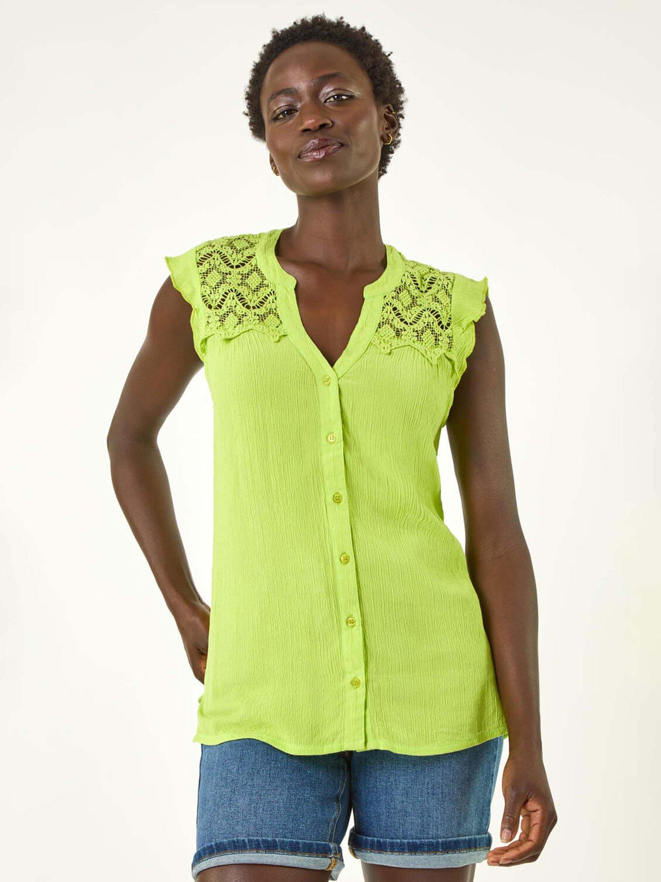 front image of roman-sleeveless-lace-detail-blouse-green