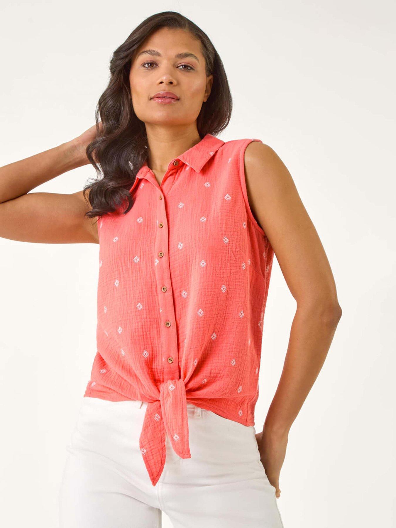 undefined Embroidered Tie Front Blouse - Pink