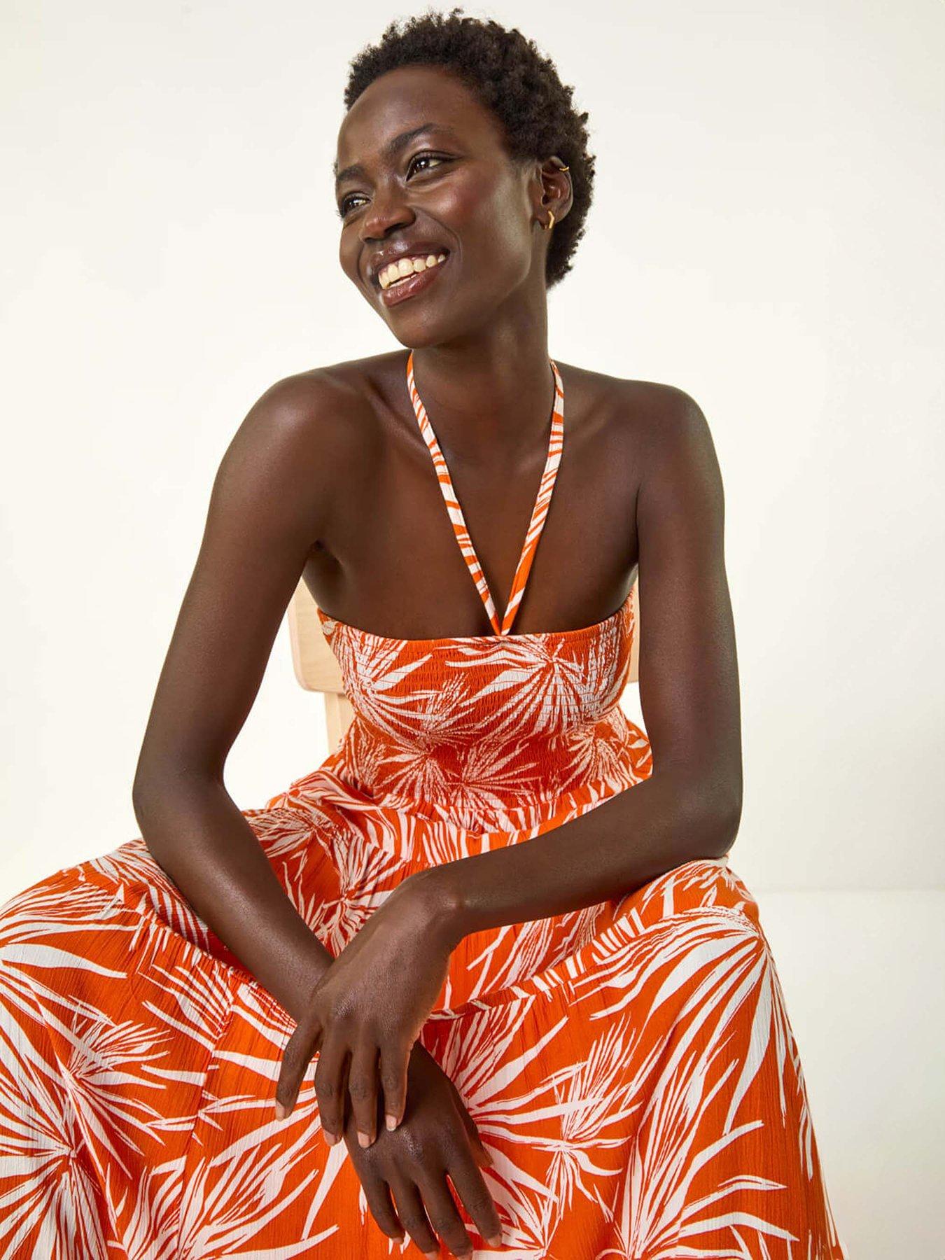 undefined Leaf Print Shirred Bandeau Midi Dress - Orange