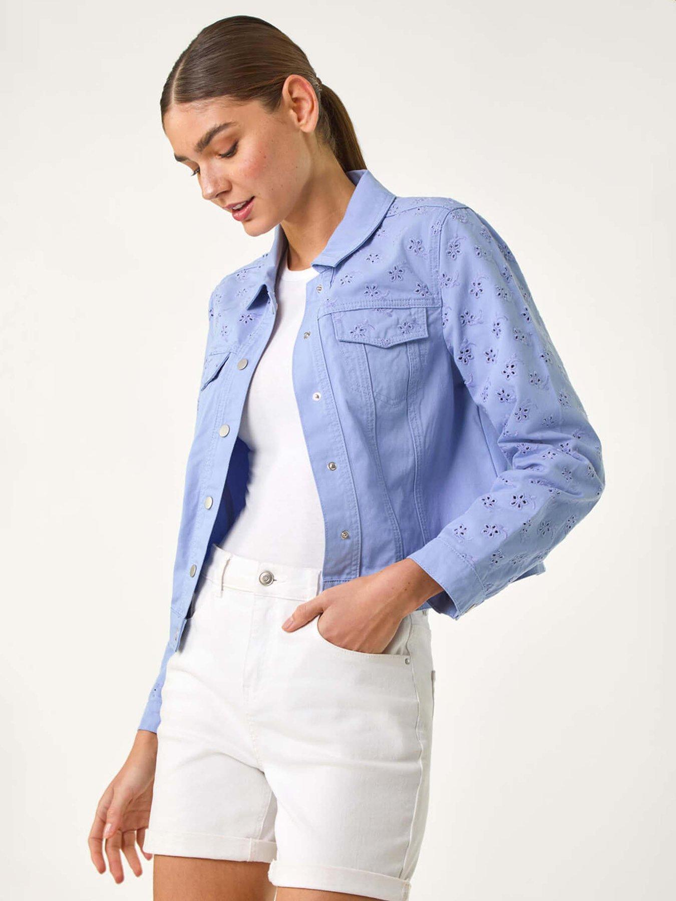 Image 4 of 5 of Roman Cotton Blend Broderie Sleeve Jacket - Blue