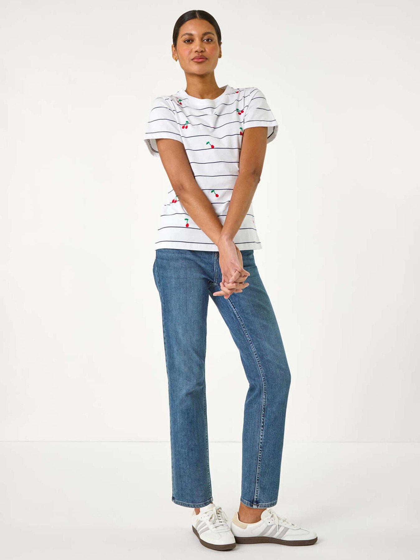 Image 1 of 5 of Roman Cherry Embroidered Stripe T-shirt - White