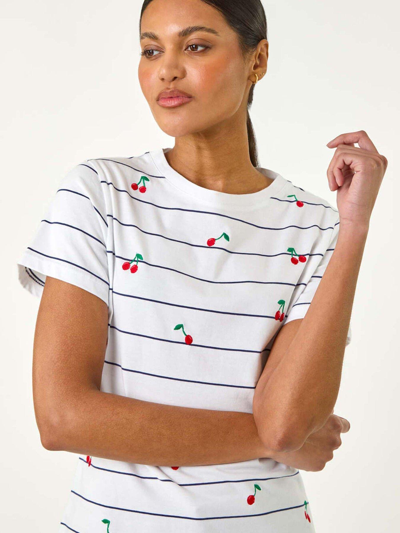 Image 4 of 5 of Roman Cherry Embroidered Stripe T-shirt - White