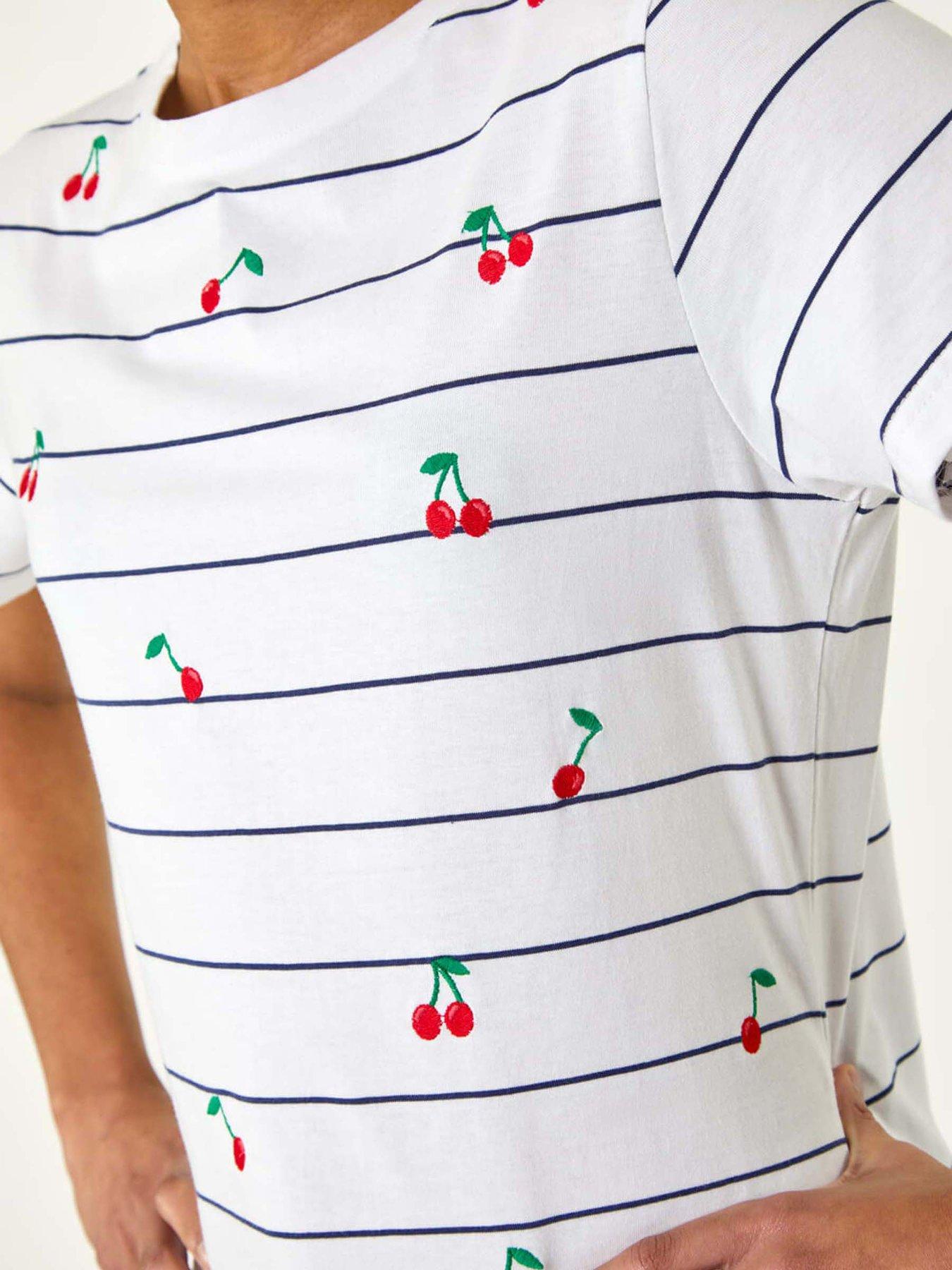 Image 5 of 5 of Roman Cherry Embroidered Stripe T-shirt - White