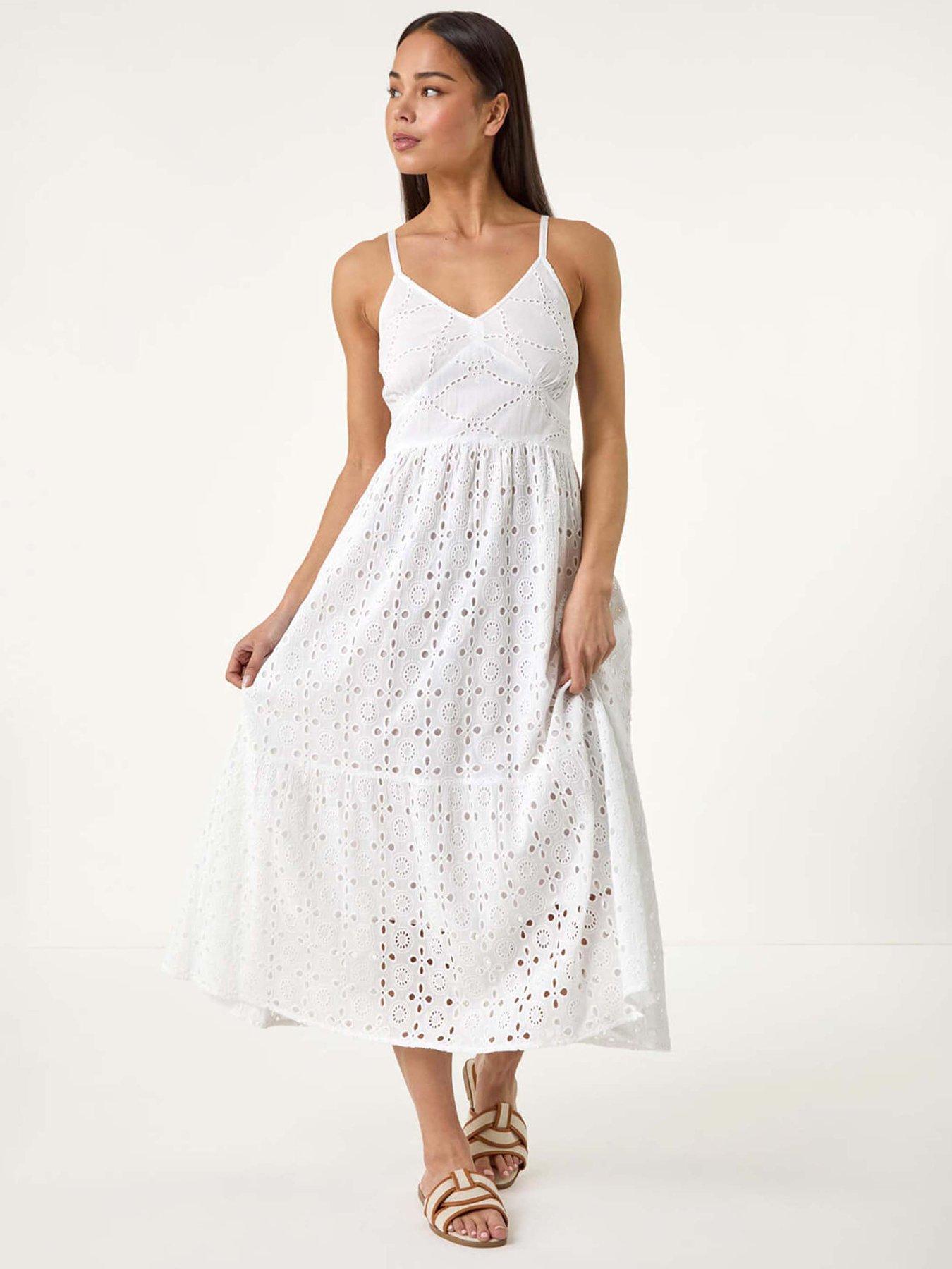 undefined Petite Broderie Strappy Maxi Dress - White