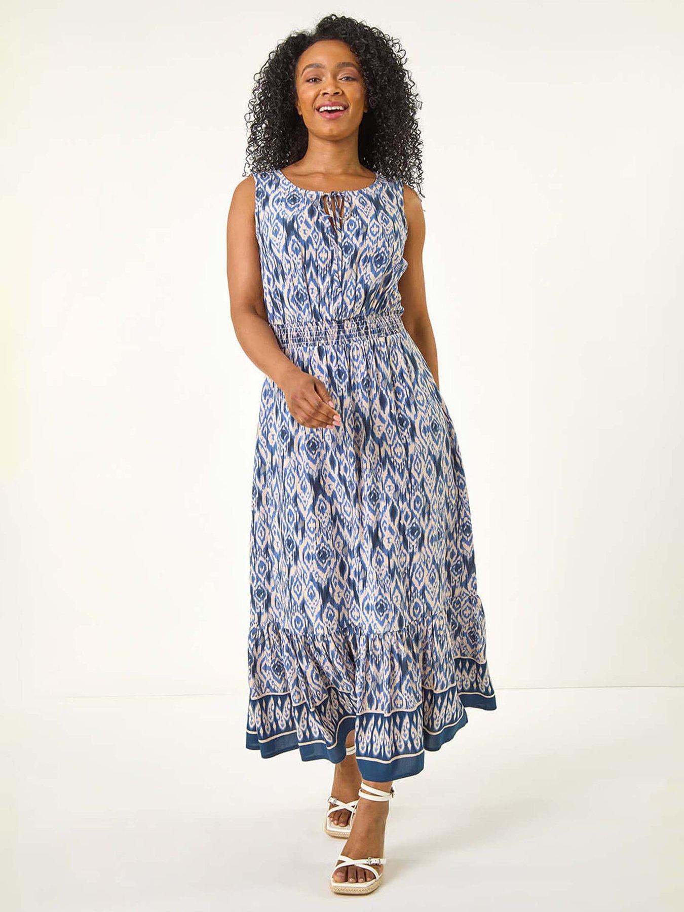 undefined Petite Aztec Print Frill Midi Dress - Blue