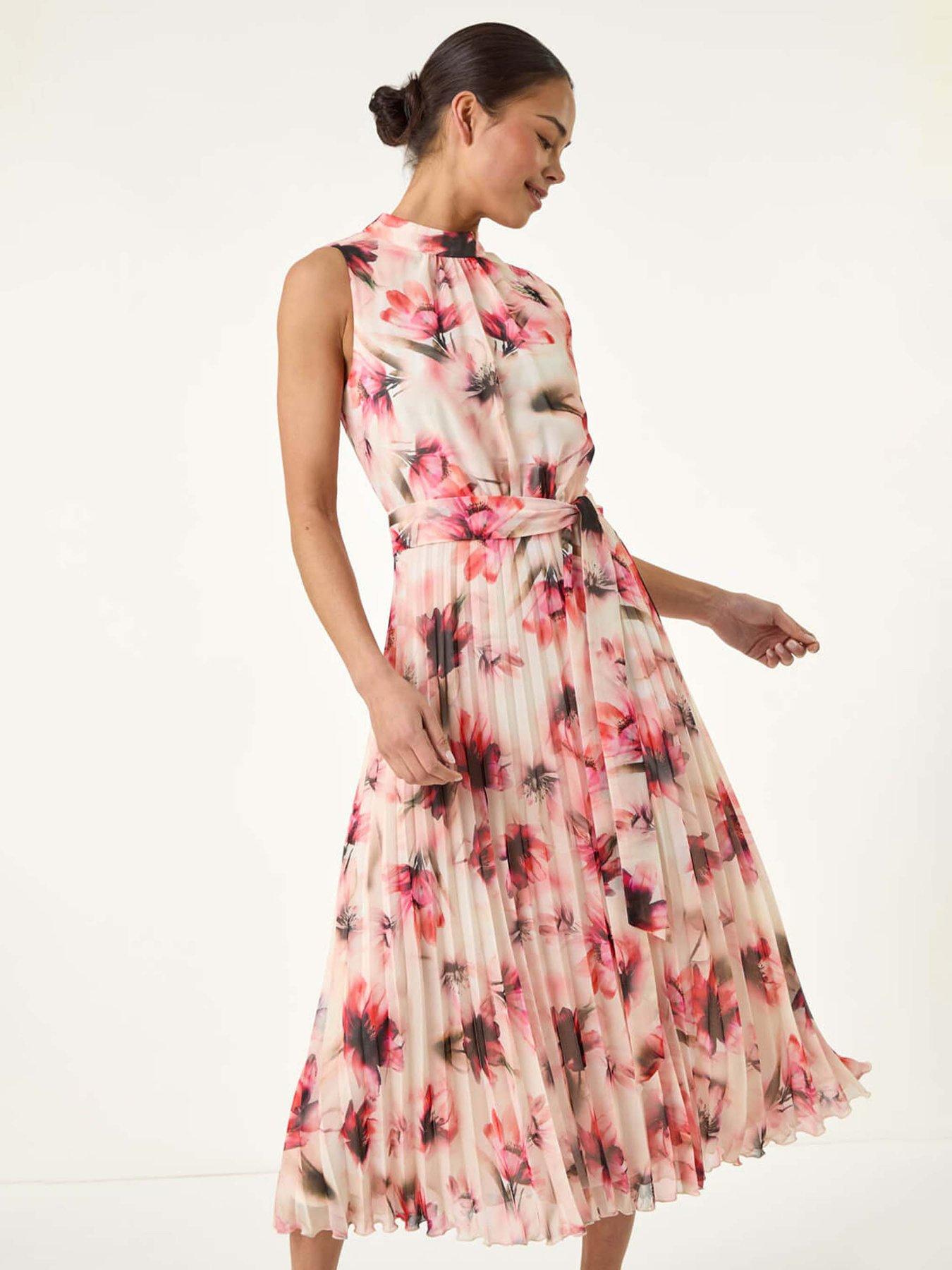 undefined Petite Floral Pleated Halter Neck Midi Dress - Red