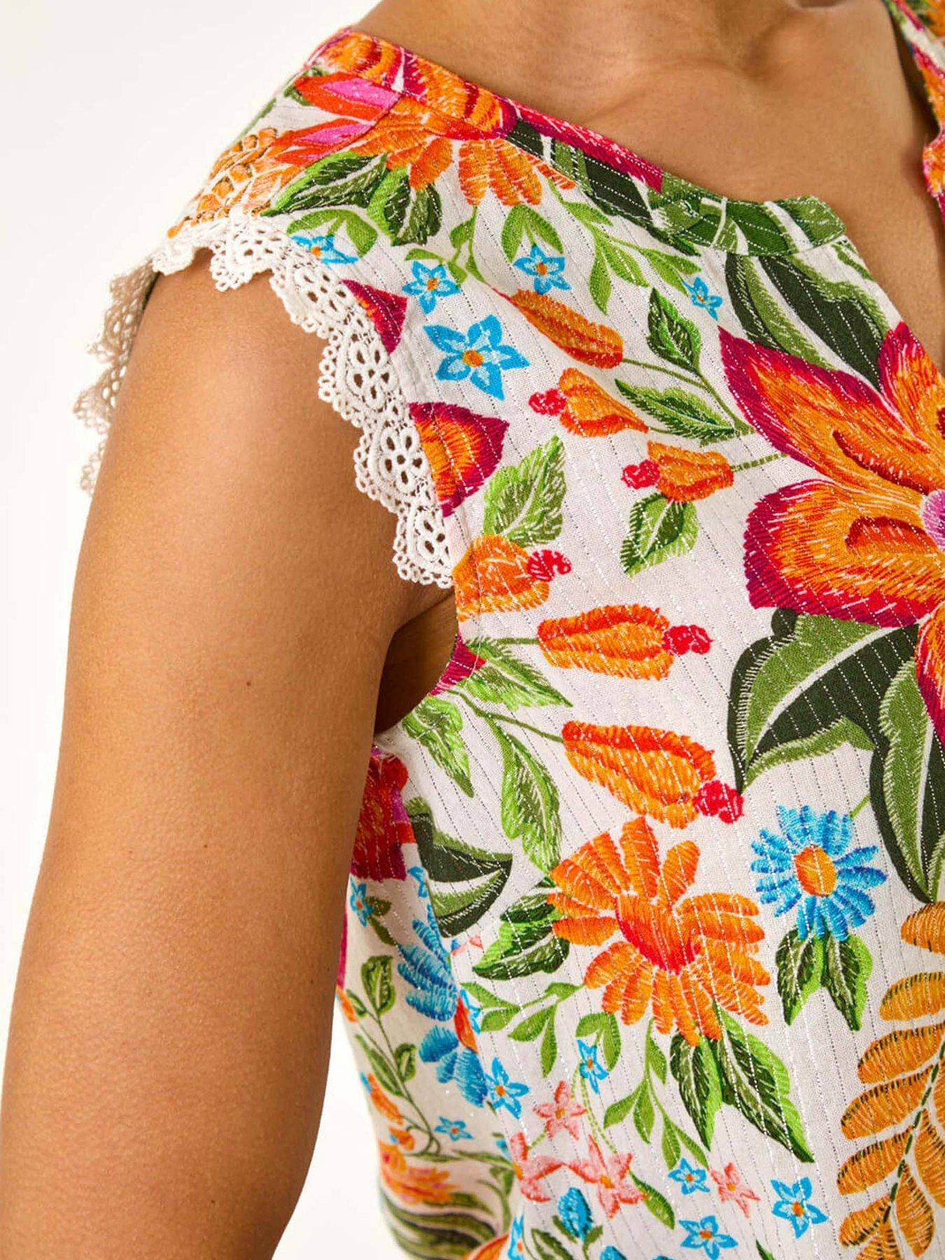 Image 5 of 5 of Roman Floral Print Lace Detail Blouse - Orange