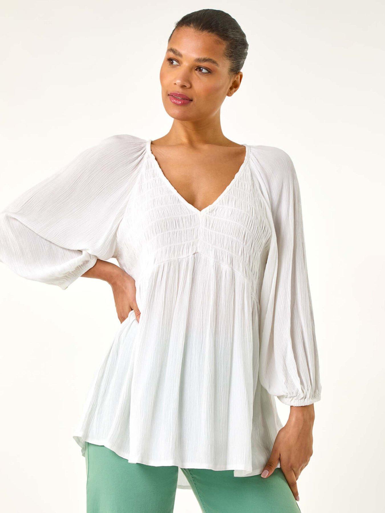 undefined Shirred V-neck Top - White