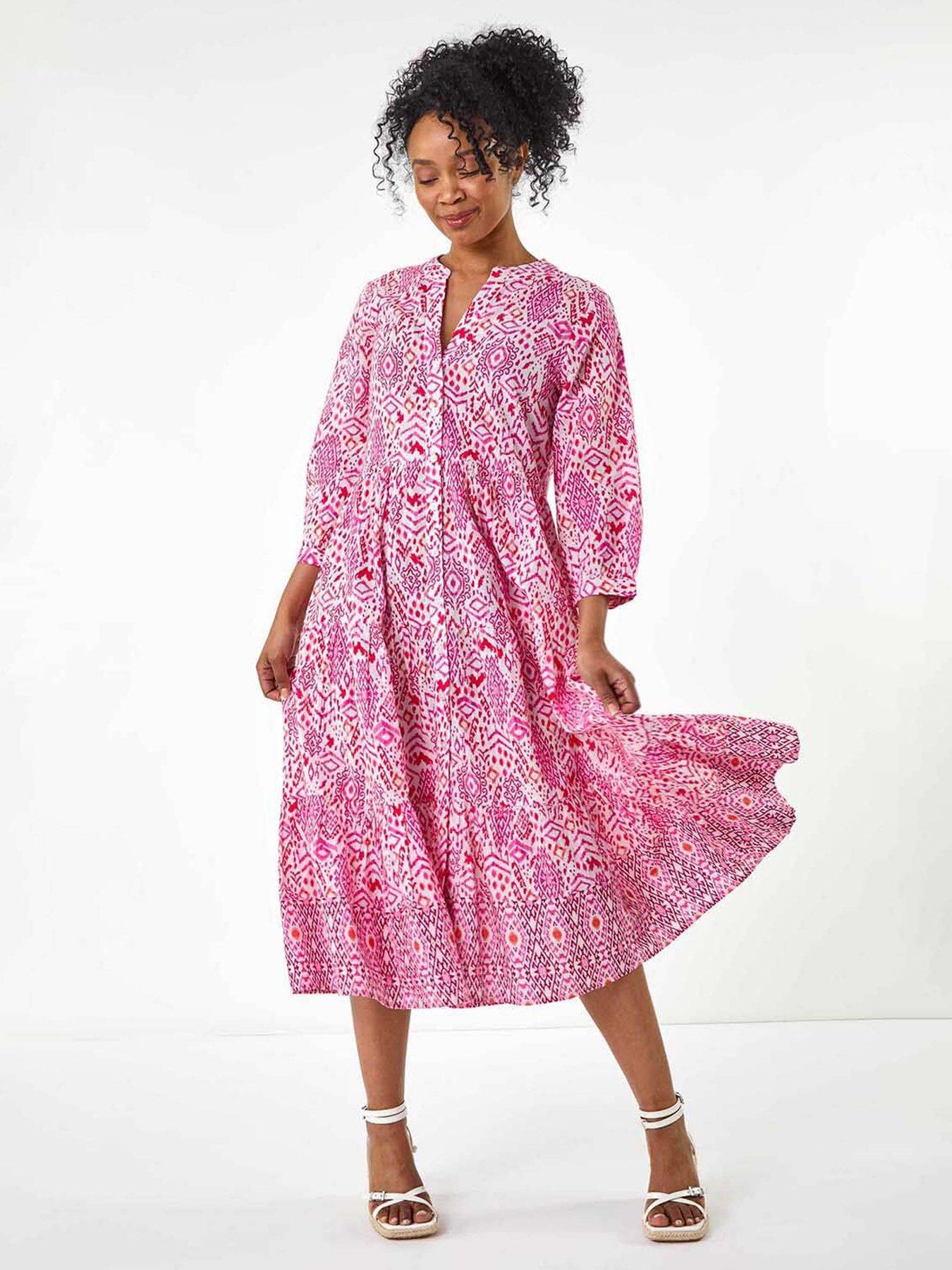 undefined Petite Aztec Tiered Midi Dress - Pink