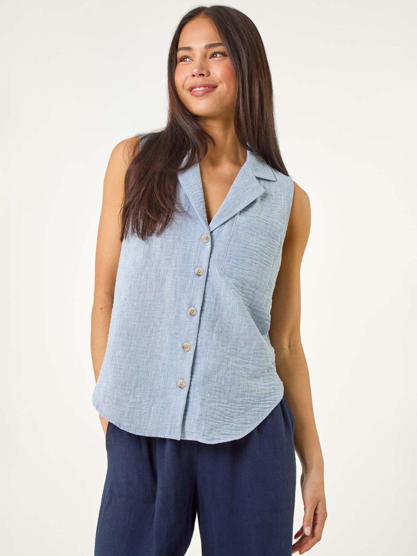 undefined Petite Collared One Pocket Blouse - Blue