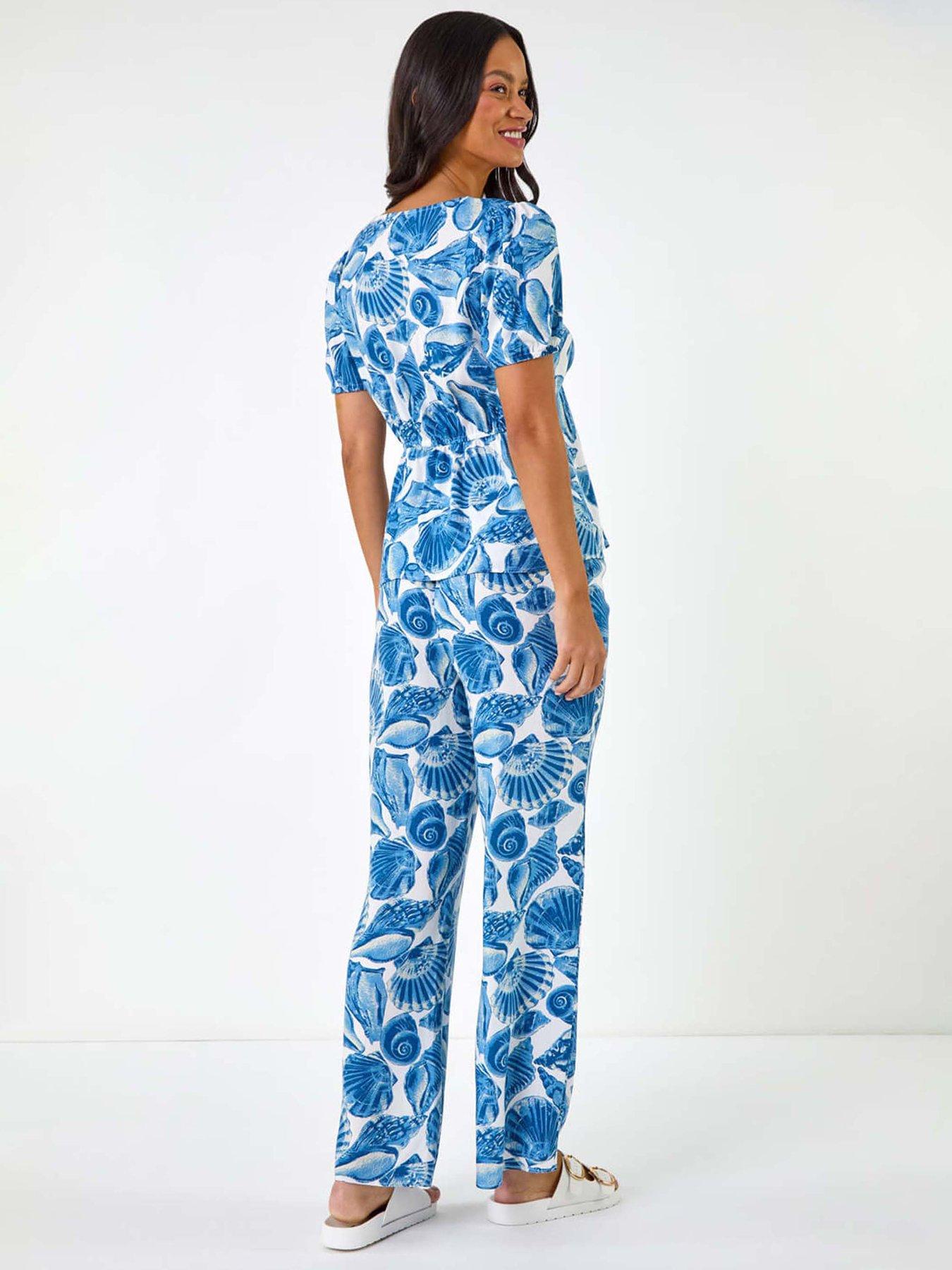  image of roman-dusk-shell-print-v-neck-tie-top-blue