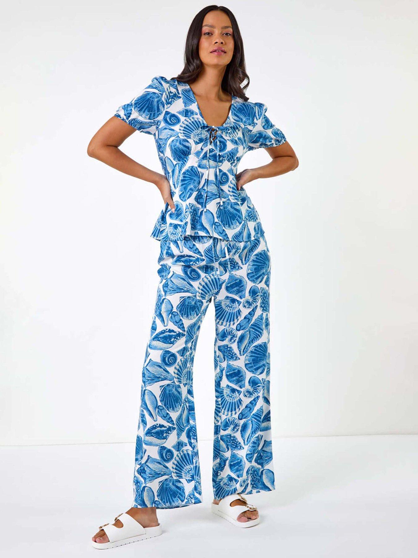  image of roman-dusk-shell-print-v-neck-tie-top-blue