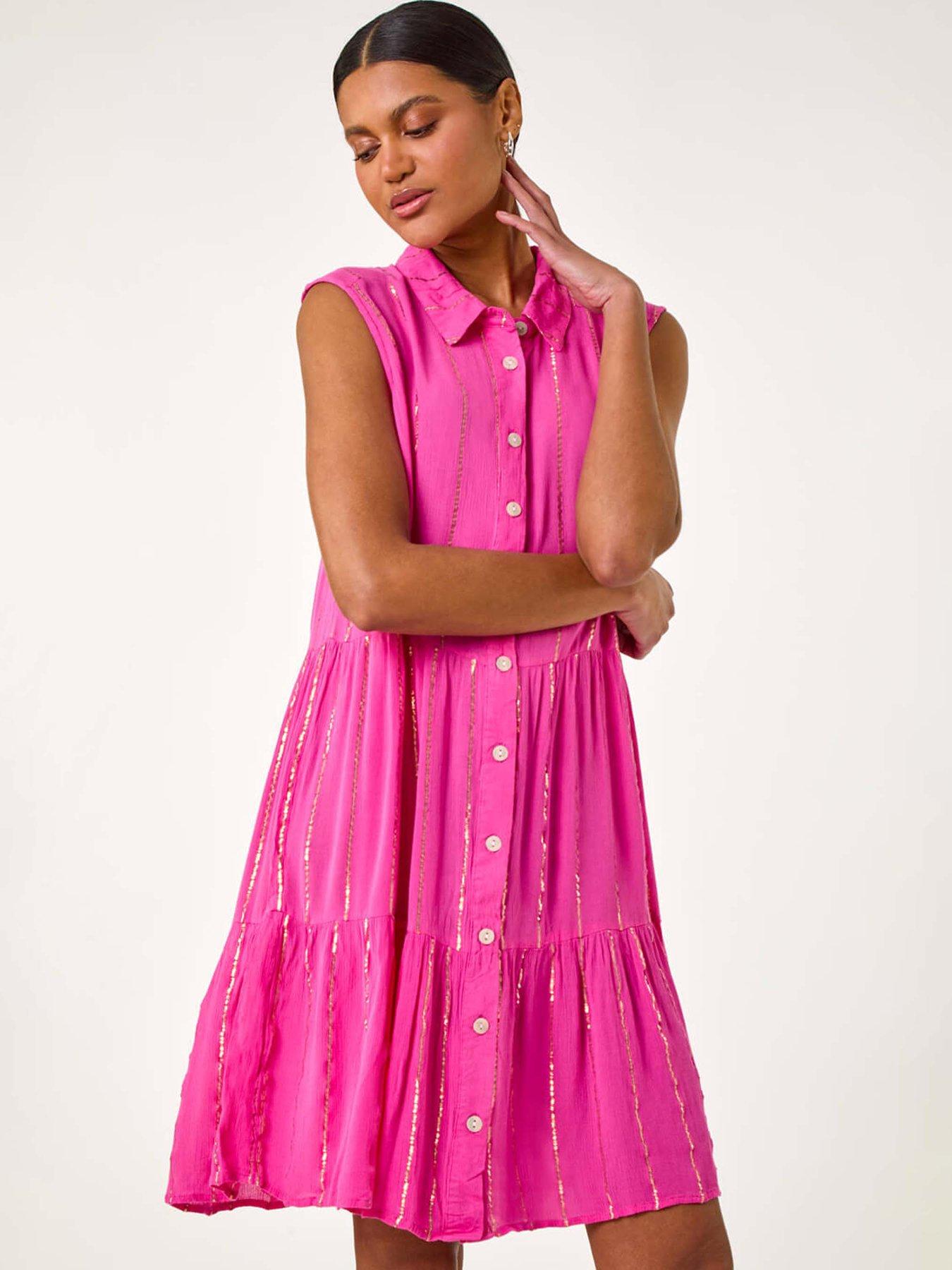 undefined Shimmer Button Through Shirt Dress - Pink