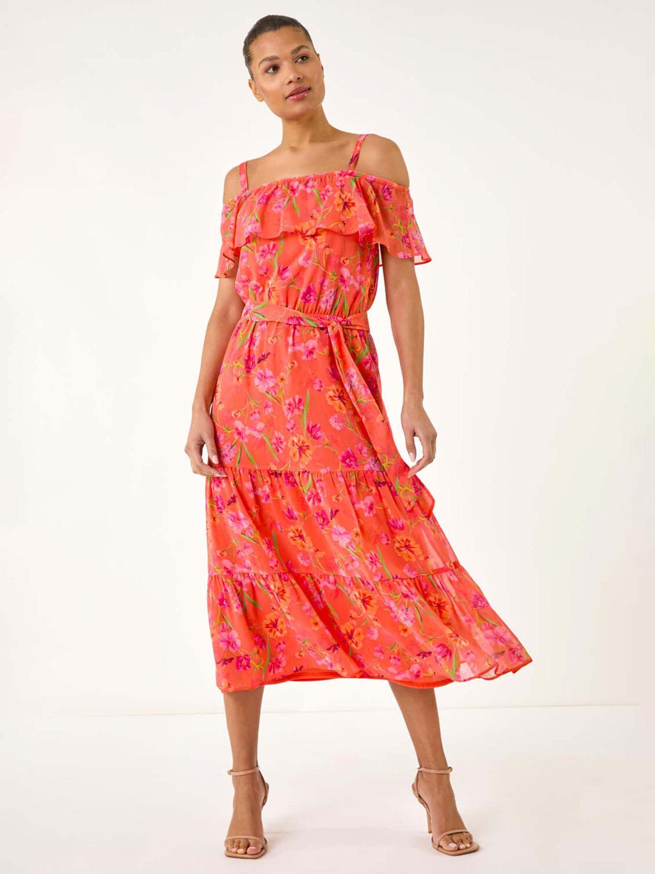 Image 1 of 5 of Roman Floral Bardot Midi Dress - Orange