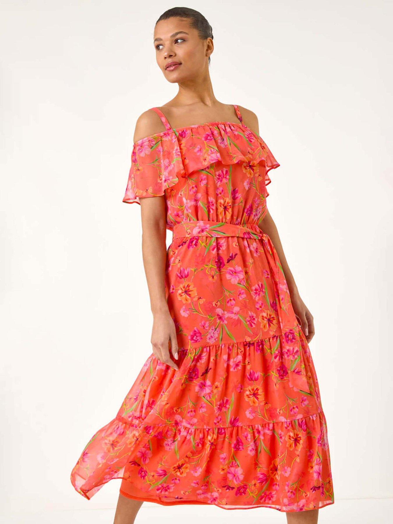Image 3 of 5 of Roman Floral Bardot Midi Dress - Orange