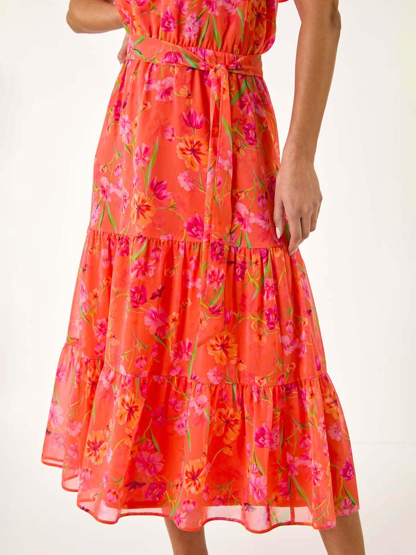 Image 5 of 5 of Roman Floral Bardot Midi Dress - Orange